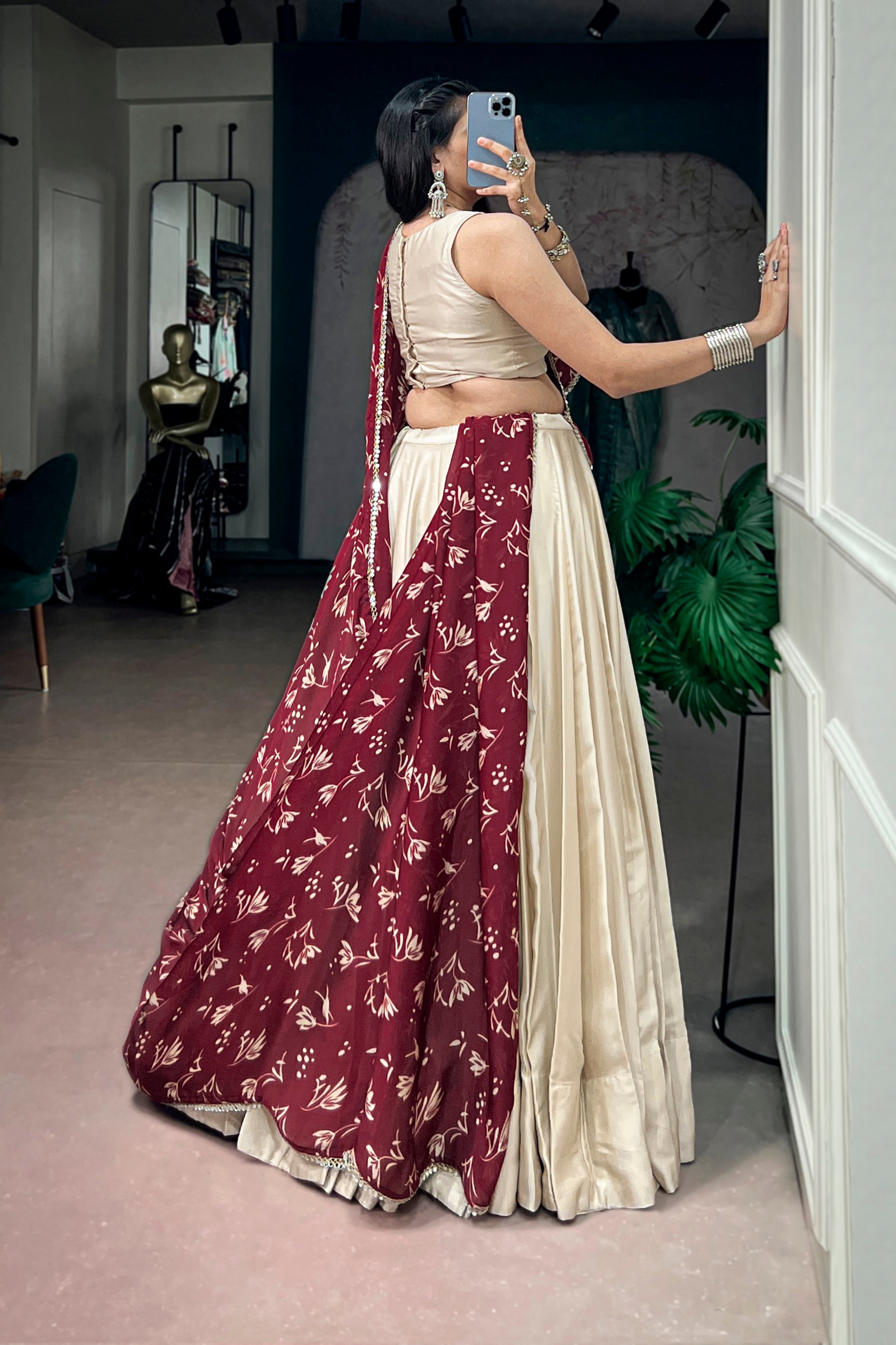 Navratri Special Lehenga Choli With Real Mirror Work Blouse & Maroon Beautiful Printed Dupatta