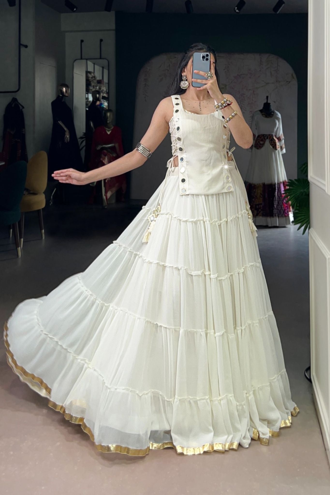 14 Meter Full Gher Navratri Showstopper Lehenga Choli With Mirror Koti