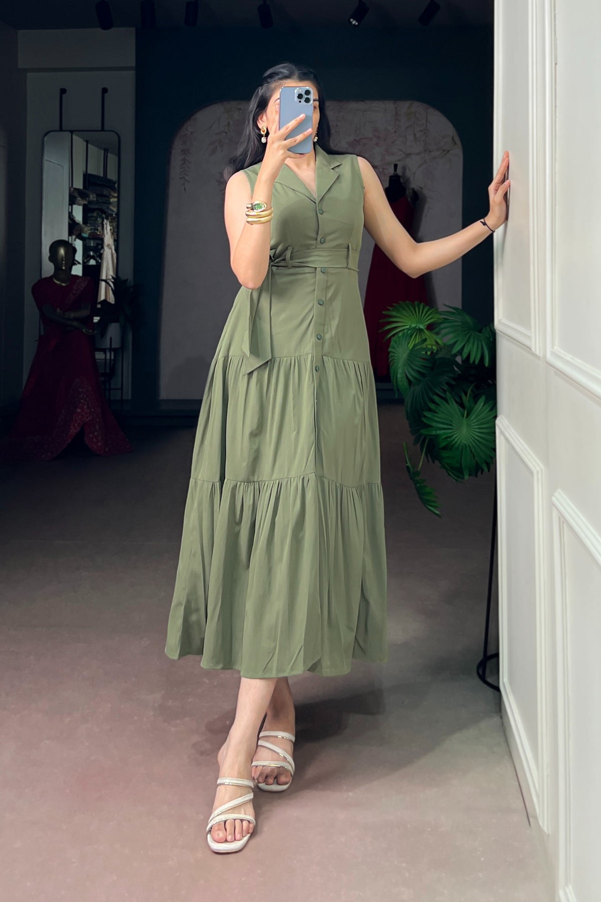 Olive Green Hemmer Silk Dress For Women