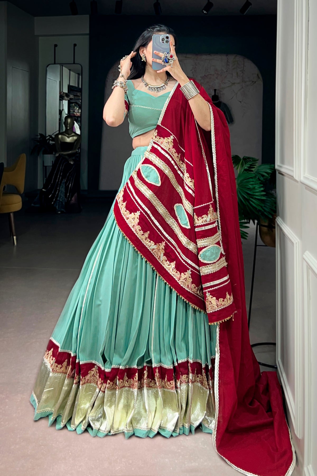 Sea Green Pure Rayon Navratri Special Designer Lehenga Choli With Maroon Embroidered Dupatta