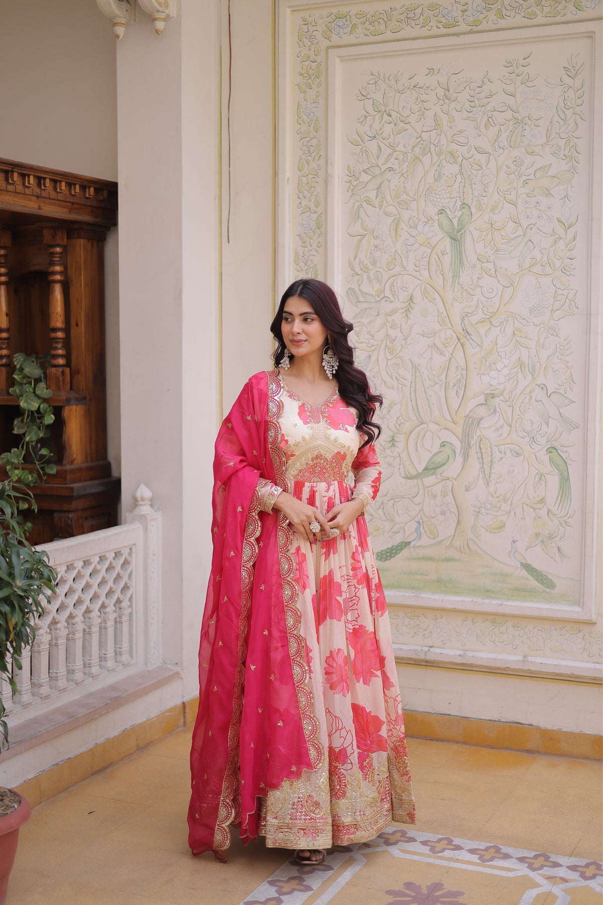 Designer Pink Floral Anarkali Gown with Dupatta Set