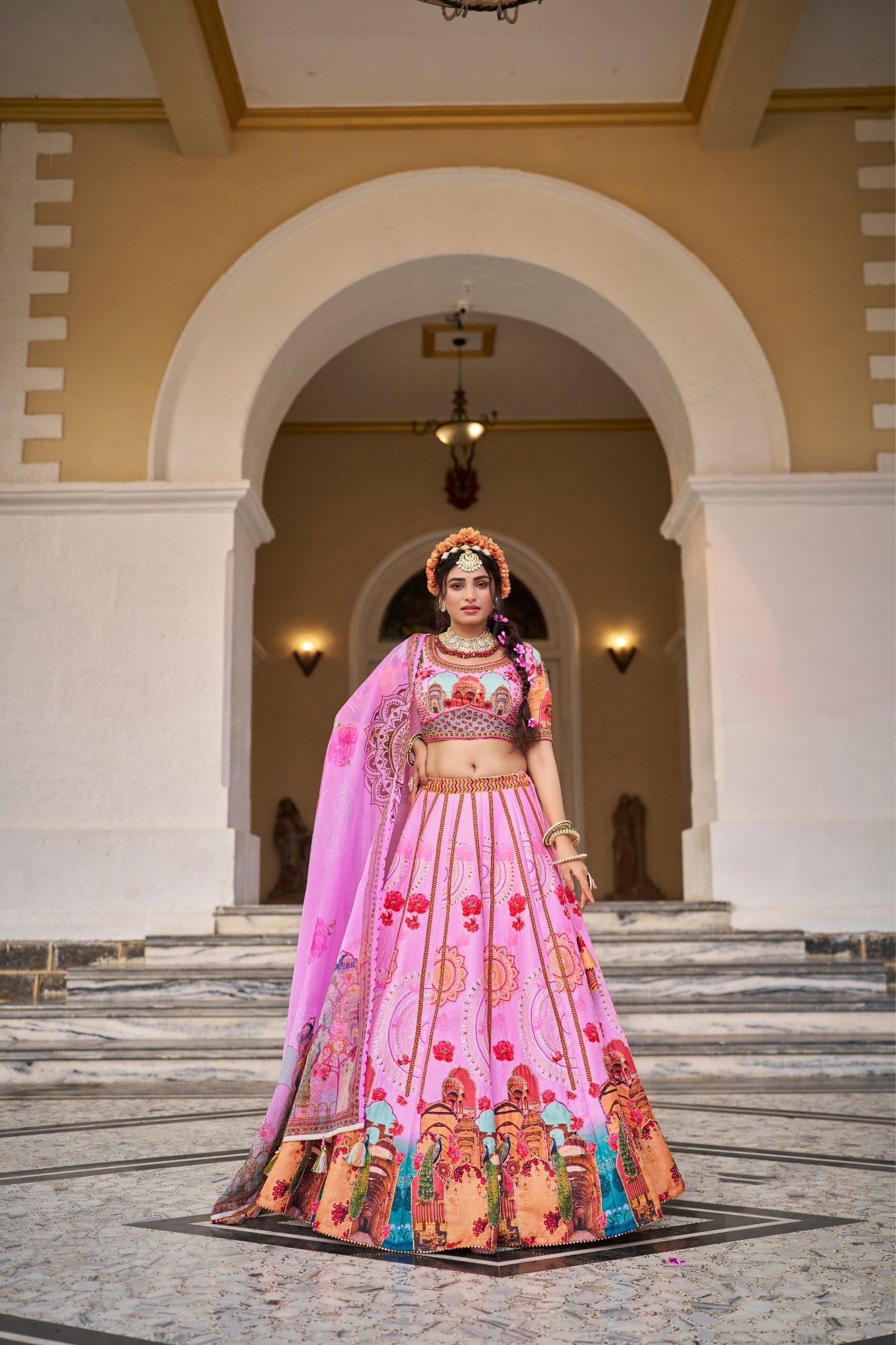 Royal Pink Art Silk Digital Print Lehenga Set With Handwork And Organza Dupatta