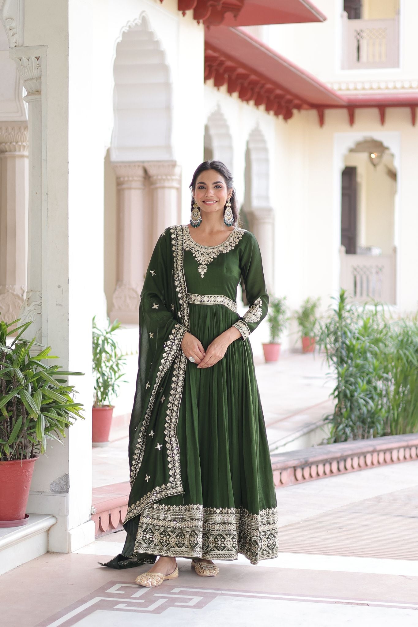 Luxury Vichitra Silk Embroidered Gown Set