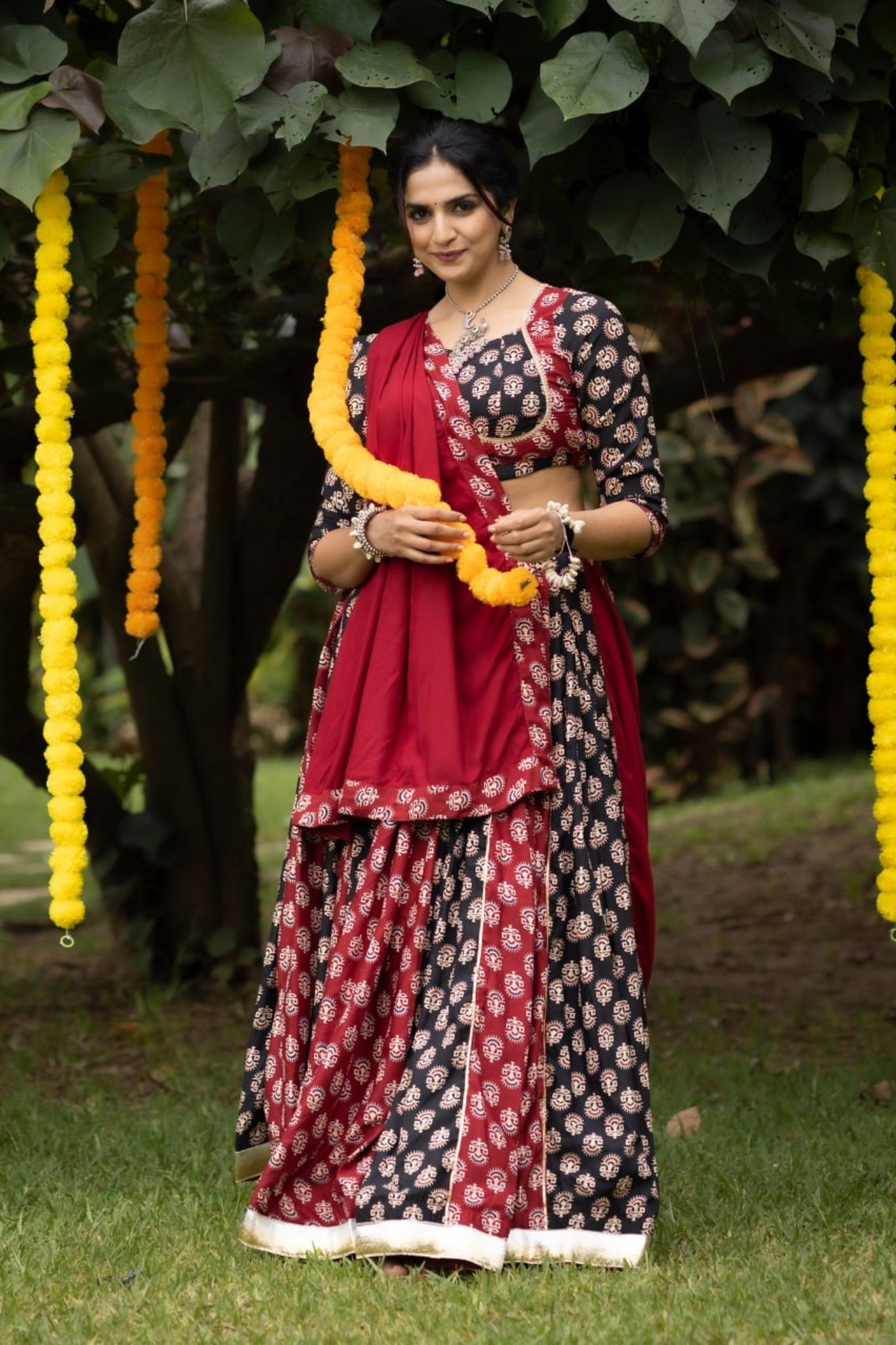 RaasRang Maroon Ajrakh Print Navratri Lehenga Choli For Women