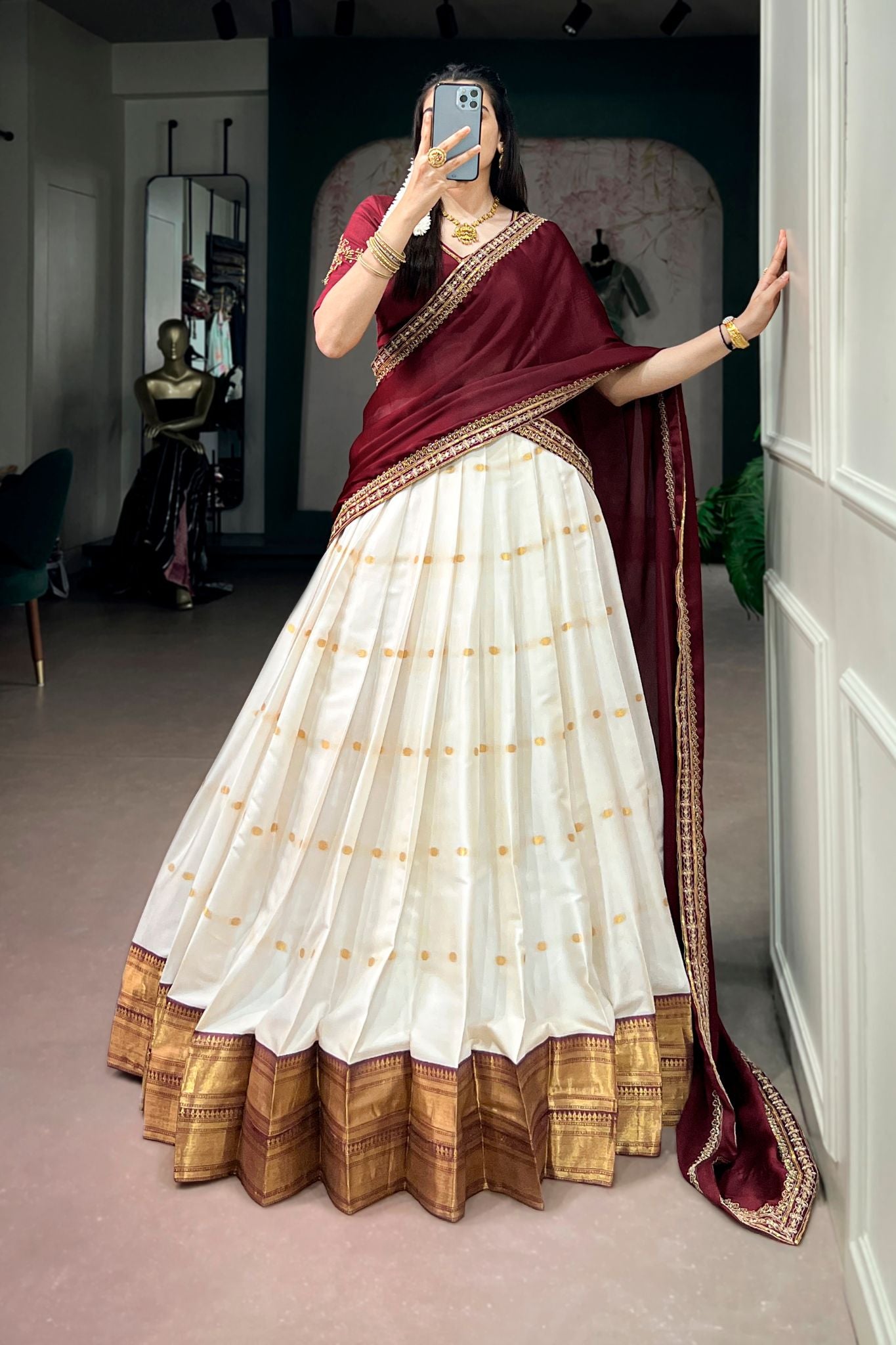 Ivory Maroon Silk Cotton Designer Lehenga Choli