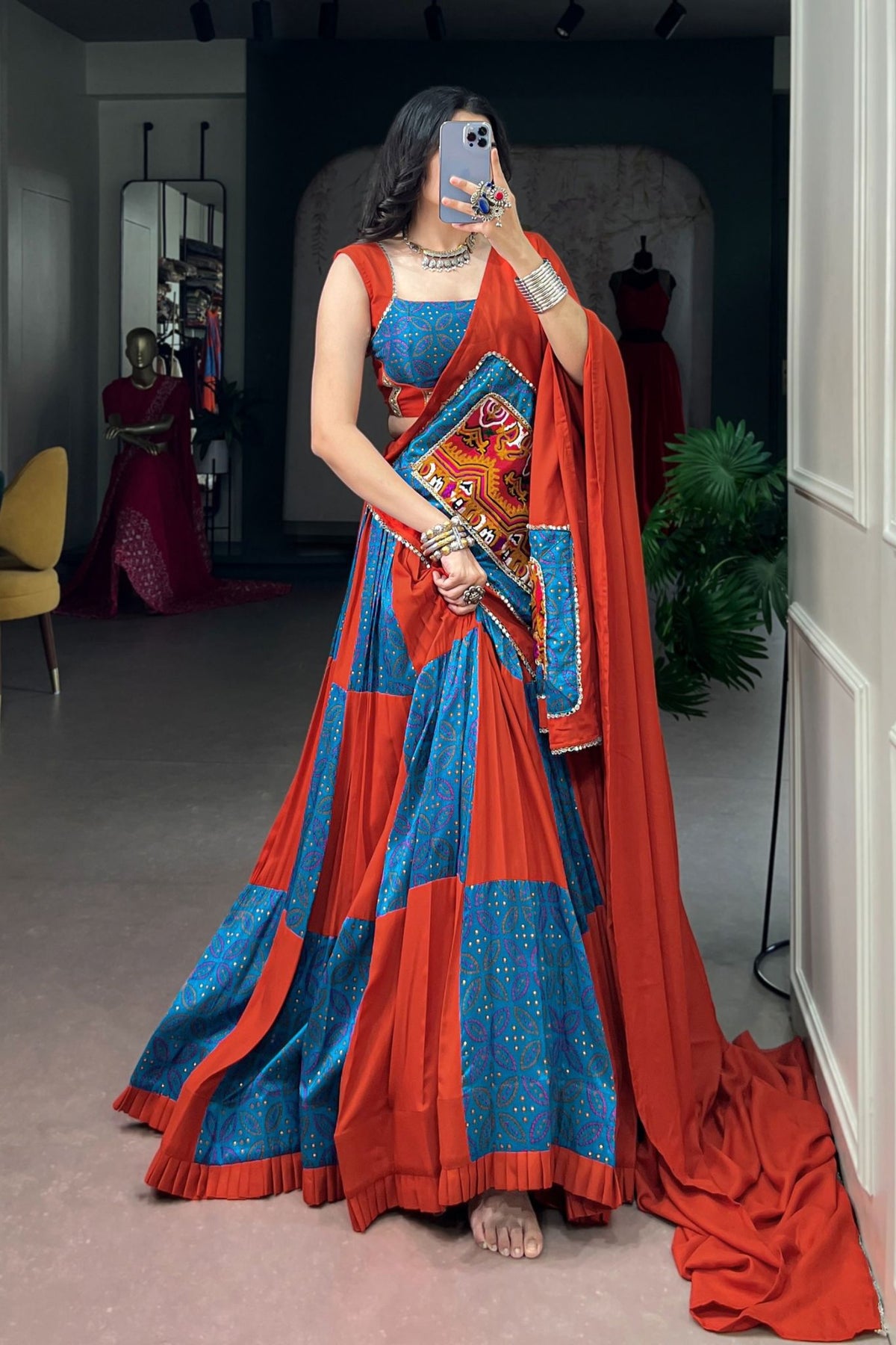 Tasar Silk Navratri Lehenga Choli With Gamthi & Mirror Work