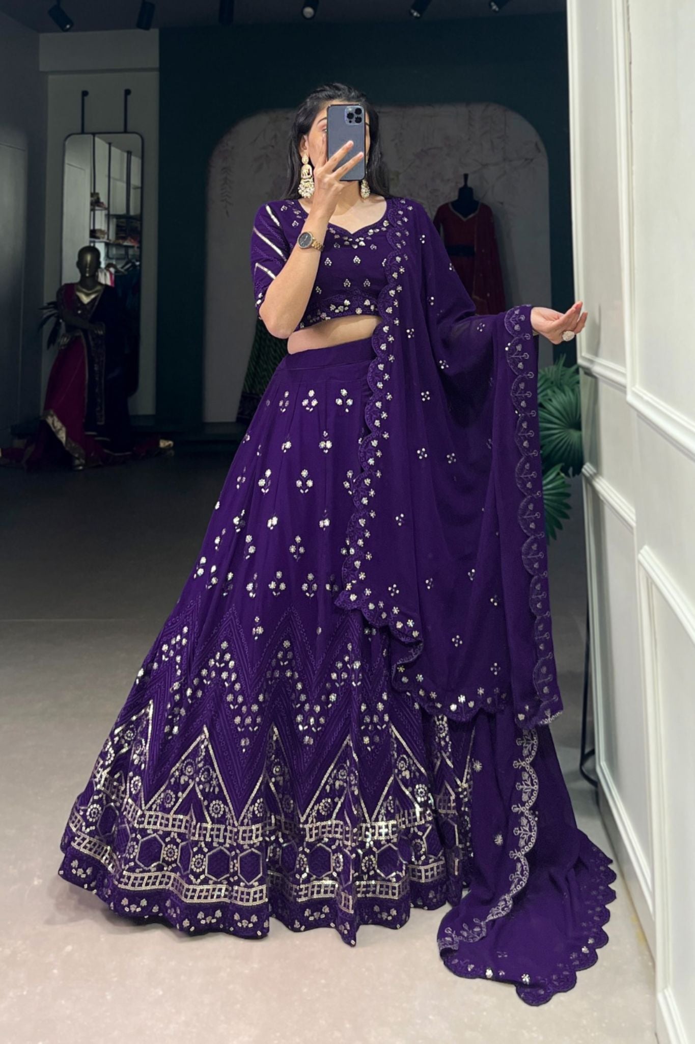 Purple Georgette Sequins And Thread Embroidery Work Wedding Lehenga Choli