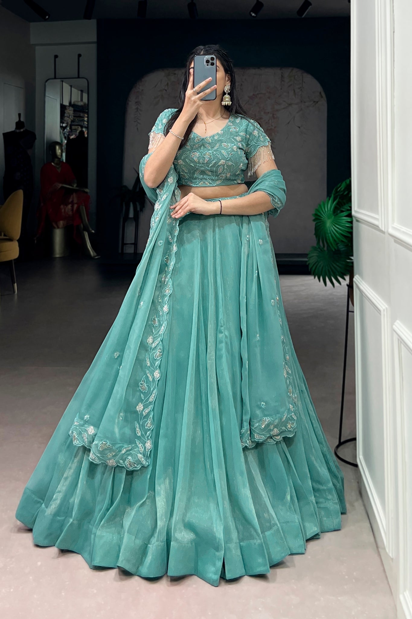 Premium Sea Green Beads With Thread Embroidered Work Lehenga Choli