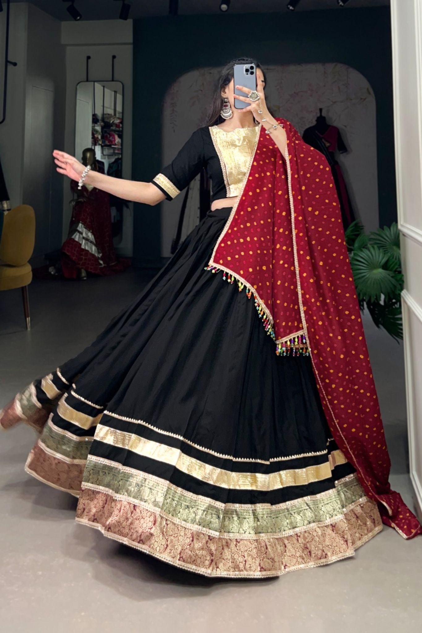 Black Stylish Jacquard Design Pure Rayon Navratri Lehenga