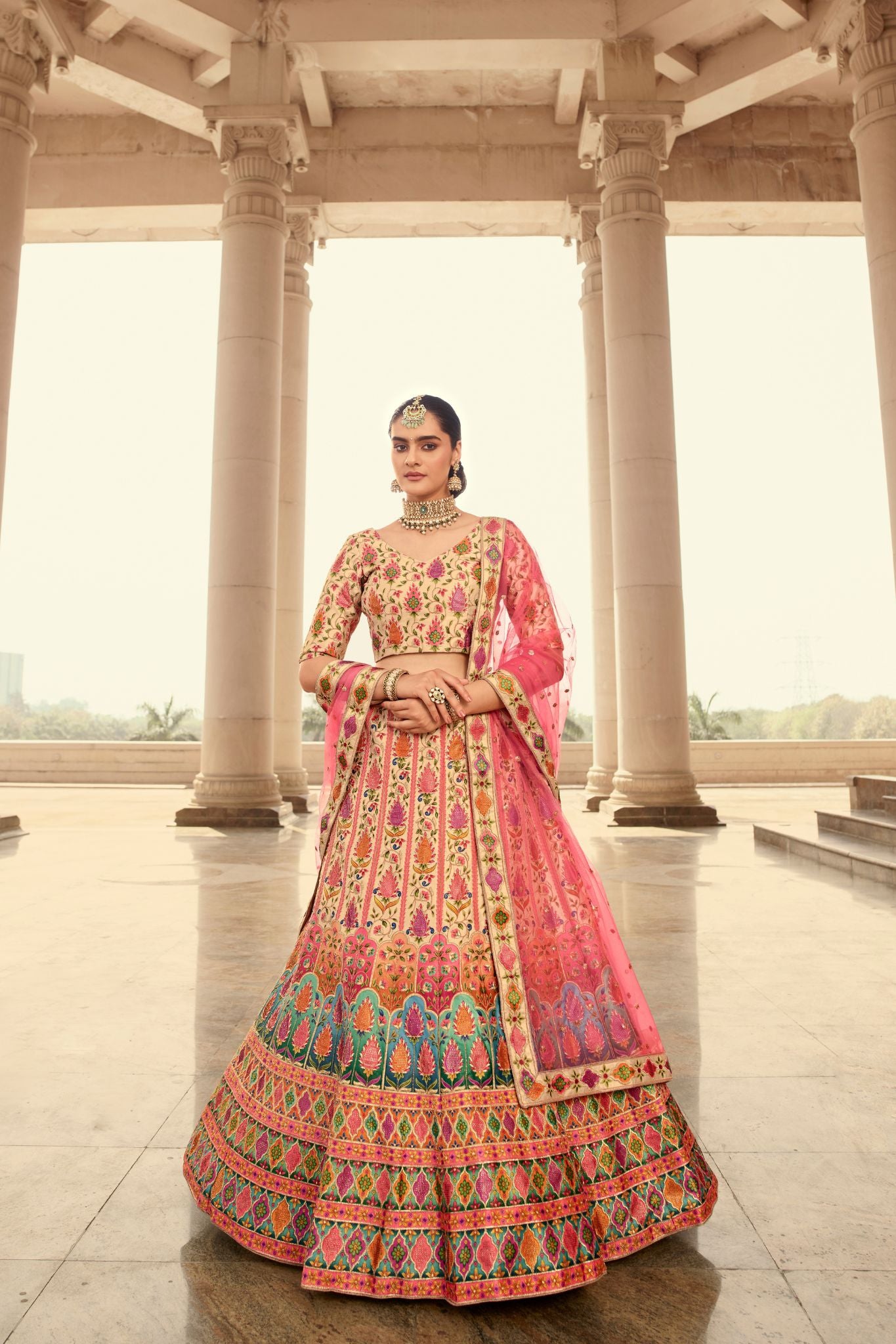 Beige Embroidery With Print And Swarovski Work Bridal Lehenga For Wedding