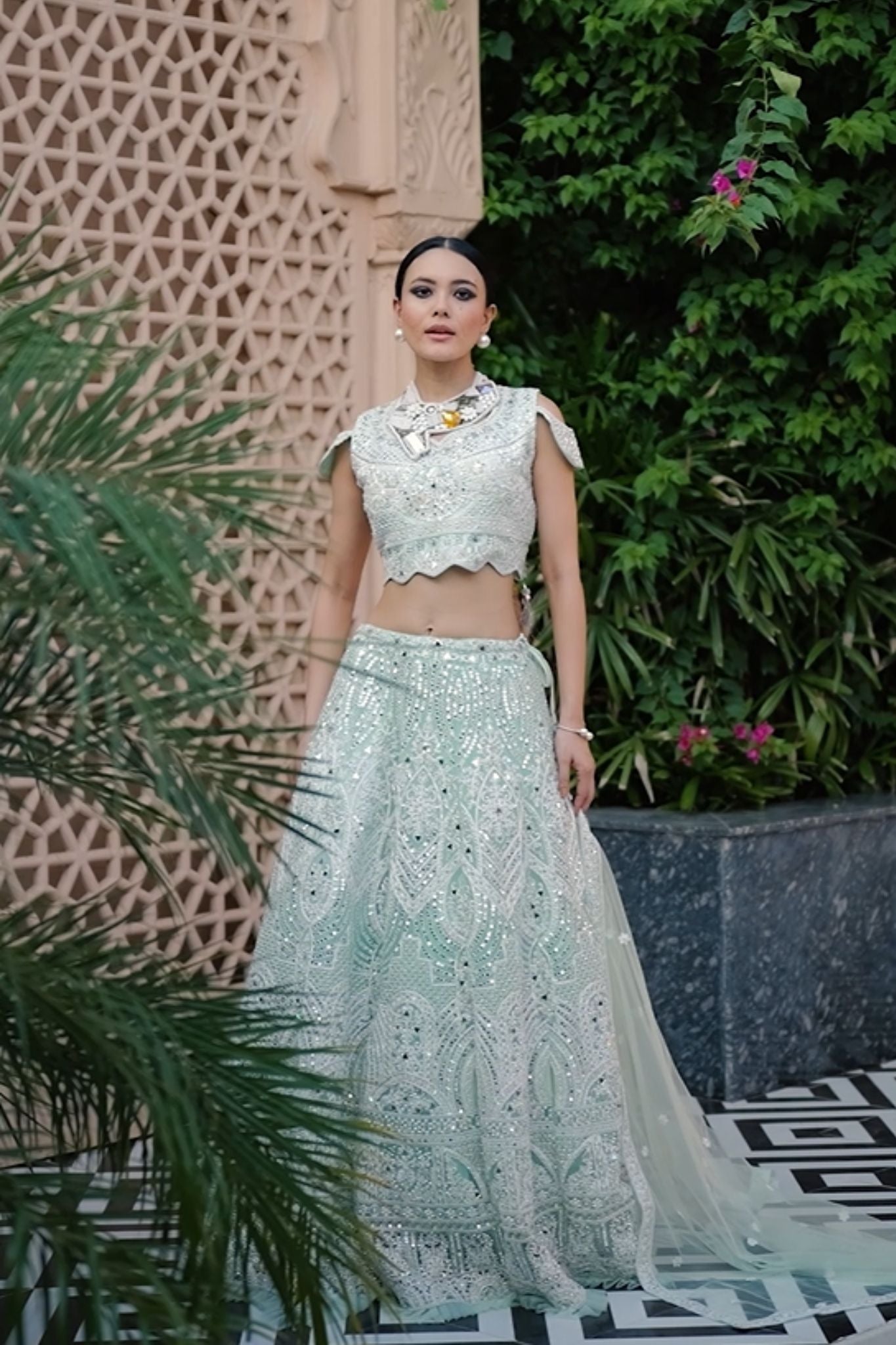 Designer Beautiful Embroidered And Real Mirror With Stone Work Wedding Lehenga Set