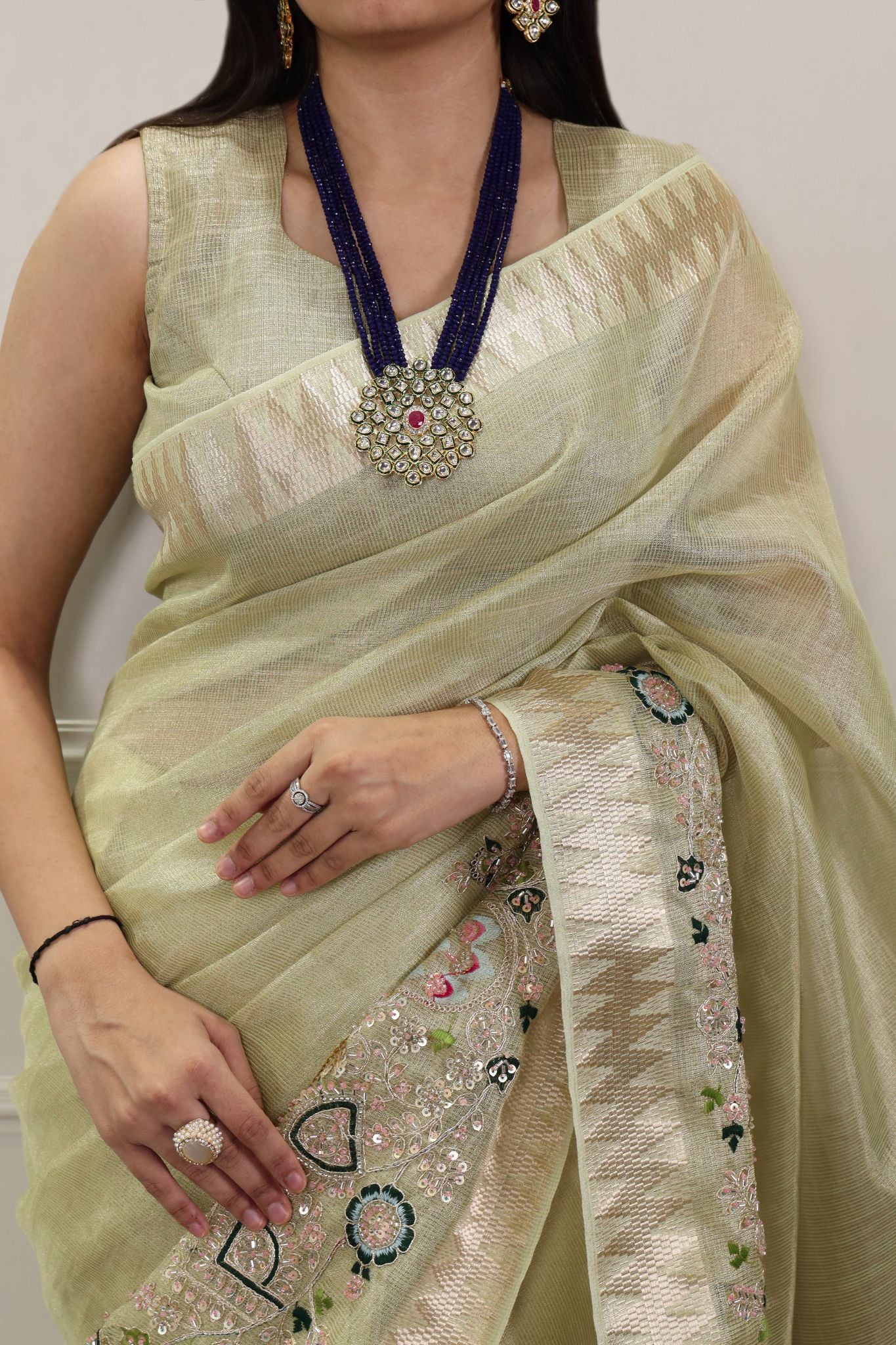 Premium Zari Kota Tissue Saree | Embroidery Beads Work Zari Weaving Border