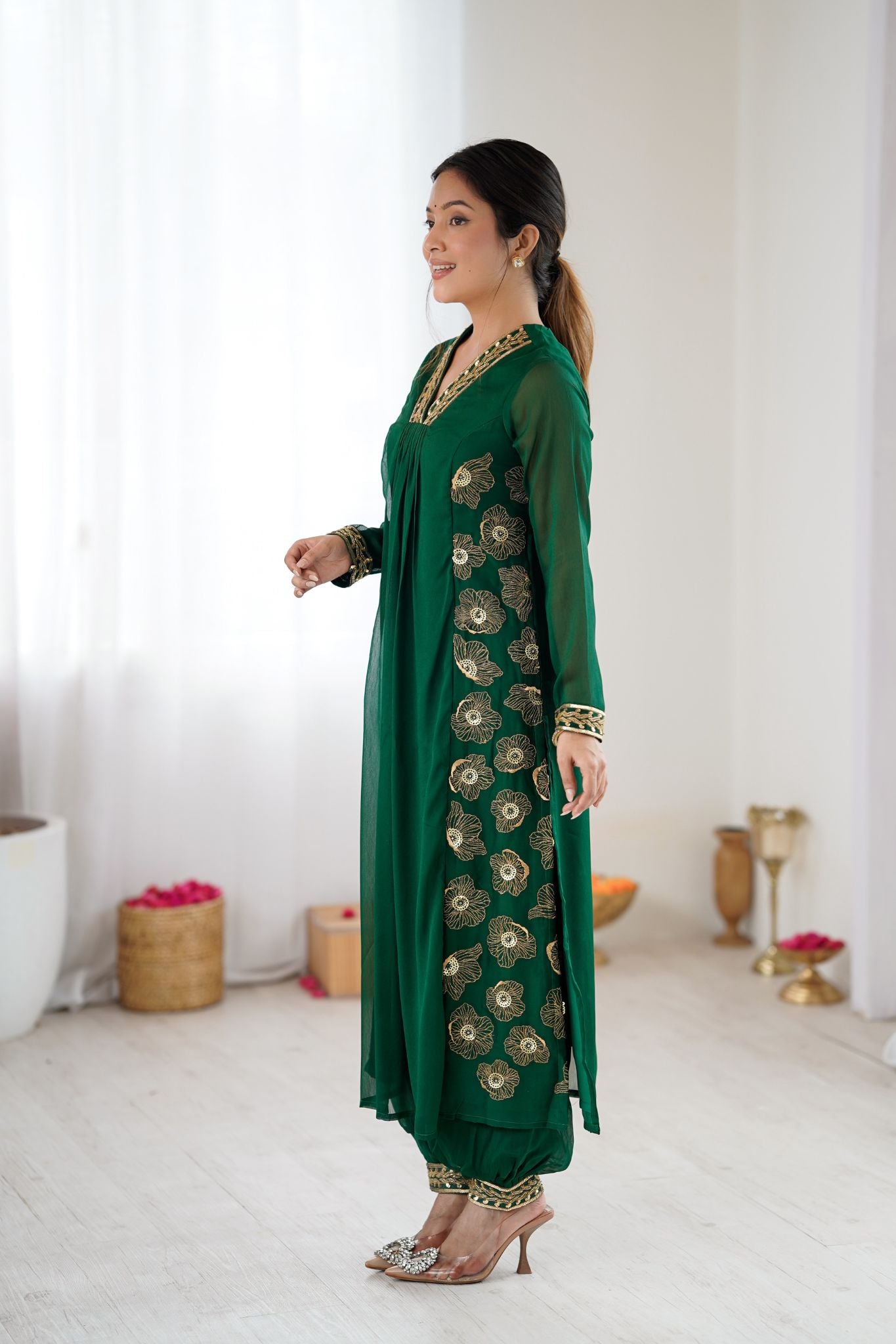Emerald Green Floral Embroidered Designer Pure Georgette Kurta Set For Women