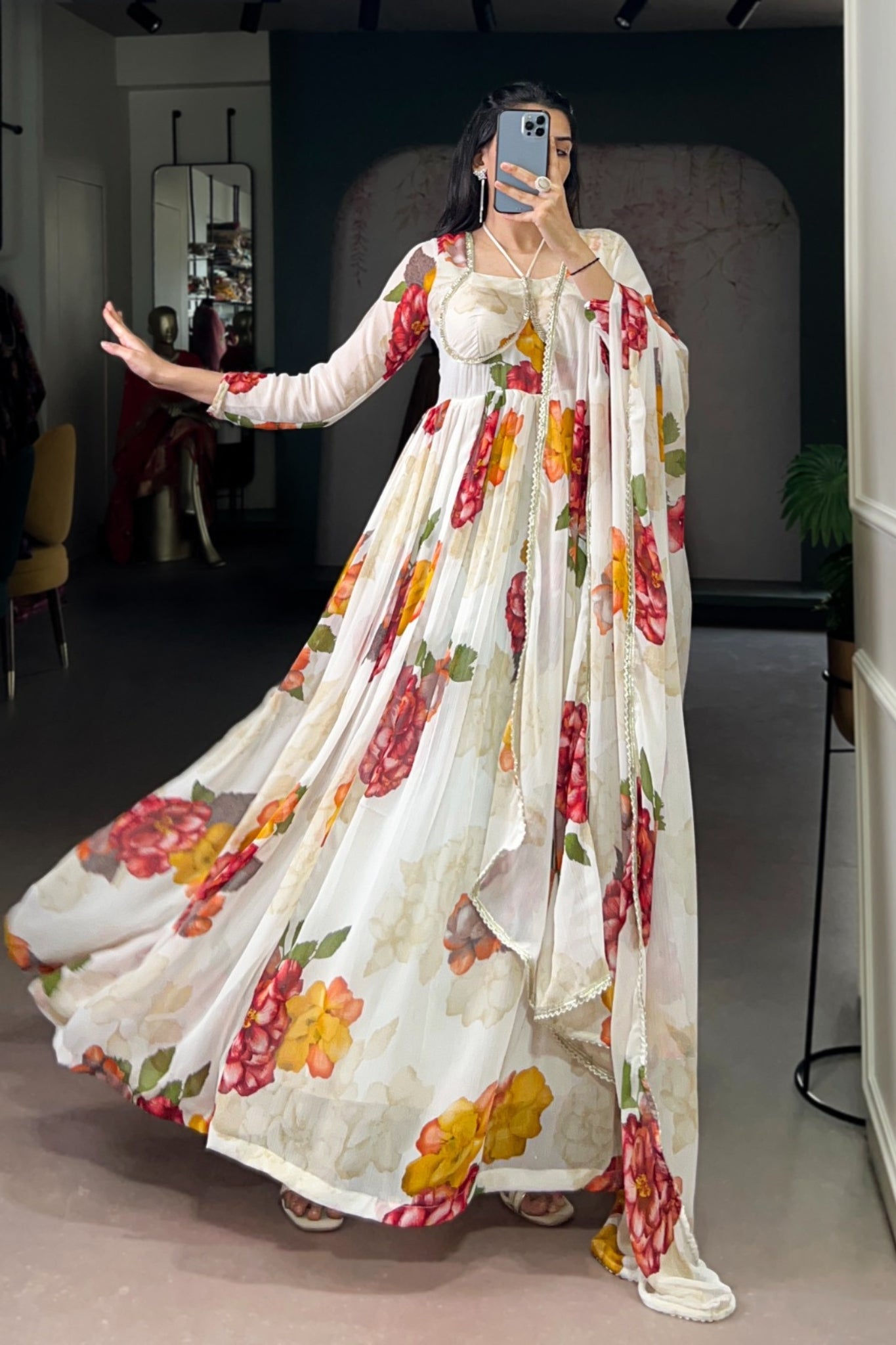 Premium Chiffon Floral Print Gown With Lace Detailing And Matching Dupatta