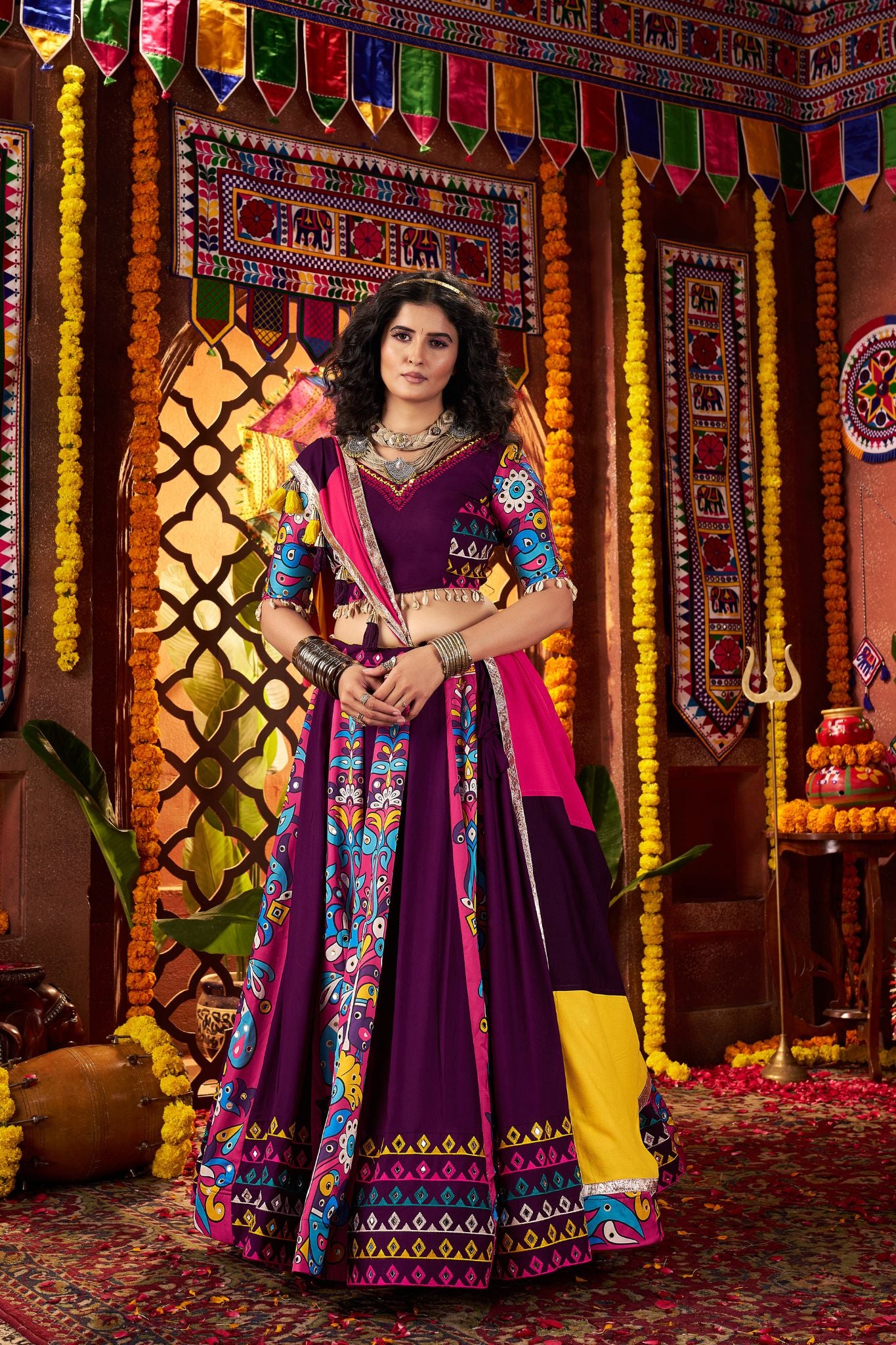 Designer Purple Navratri Special Lehenga Choli With Mirror And Hand Embroidery Work