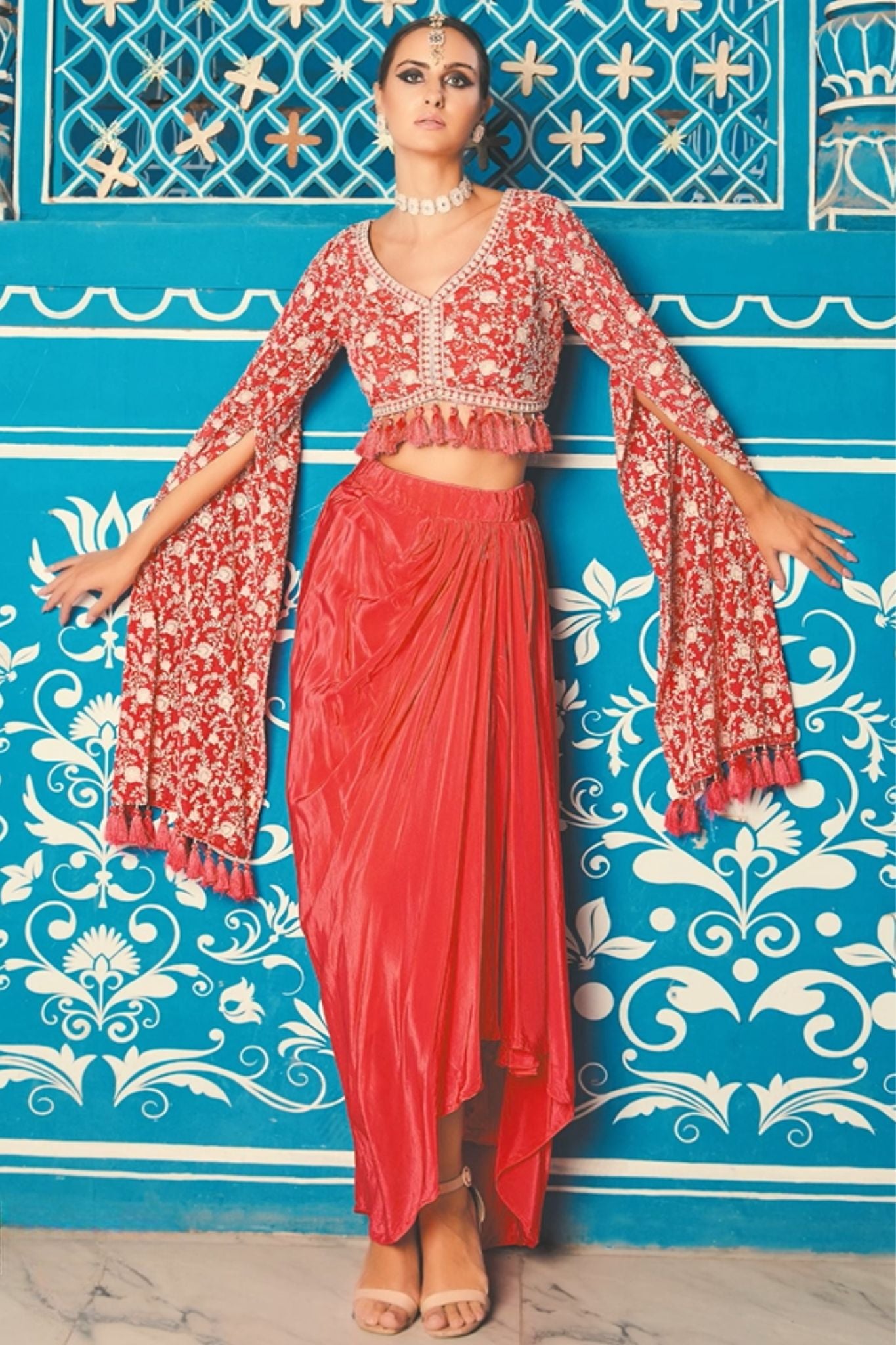 Pink Dhoti Crop Top Set In Satin With Lucknowi Embroidery Work