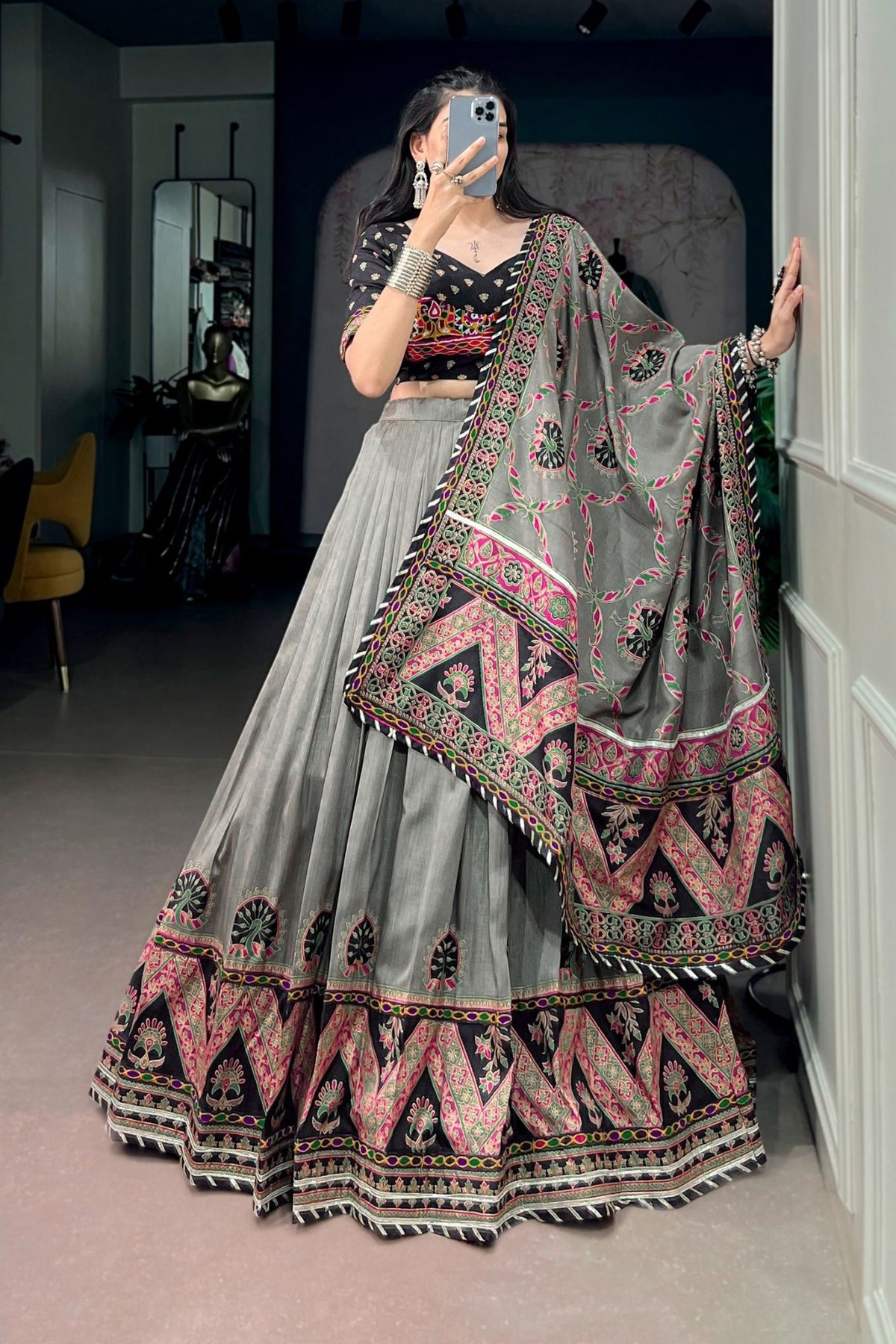 Tasar Silk Gamthi Work Designer Navratri Lehenga Choli