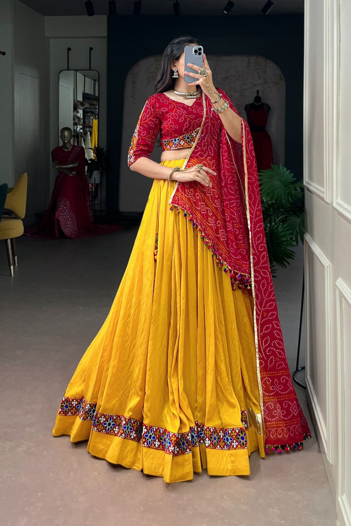 Chanderi Designer Bandhej Print With Gamthi Work Navratri Lehenga Choli