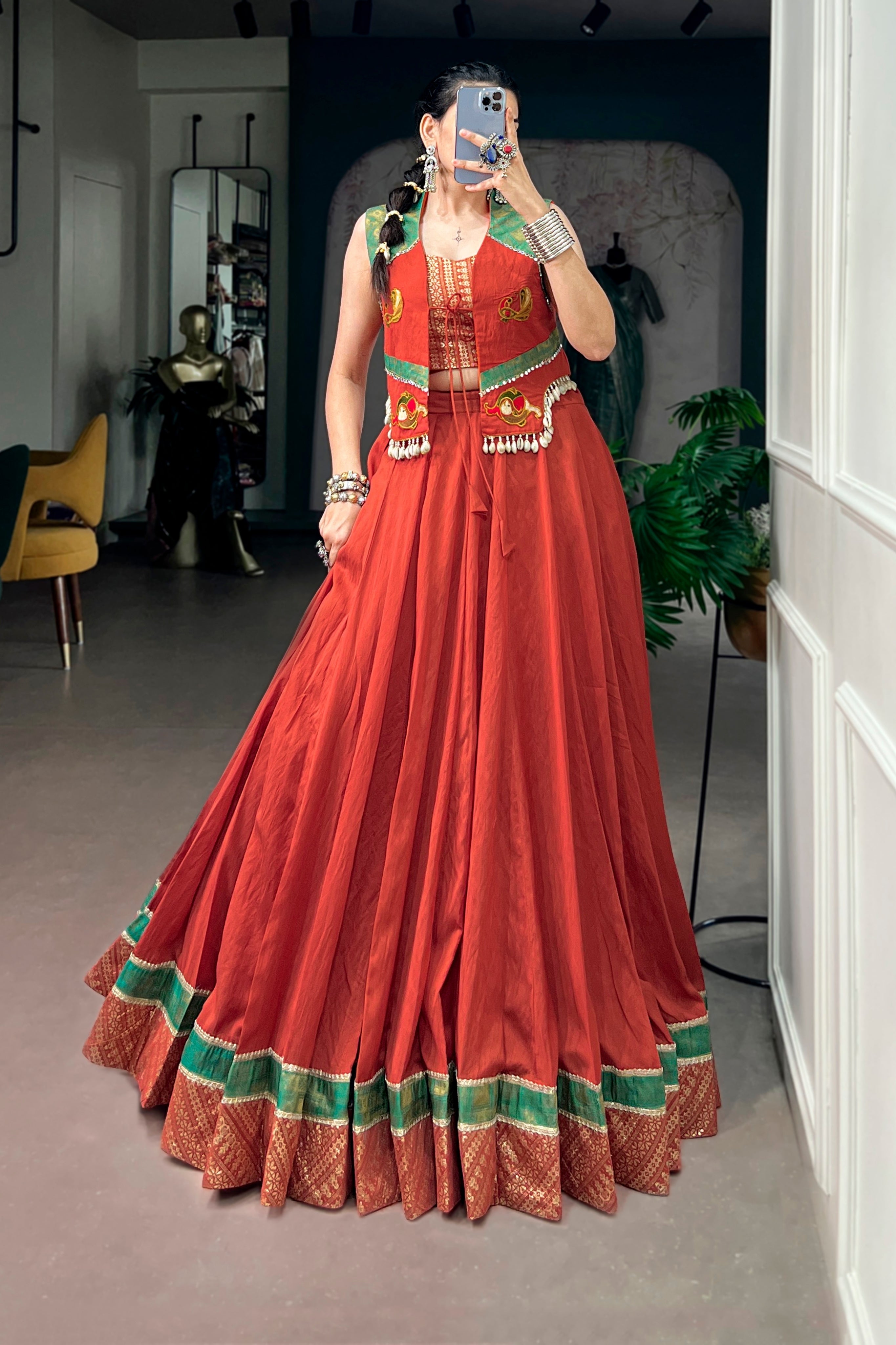Raasrang Special Navratri Designer Pure Chanderi Rust Lehenga Choli