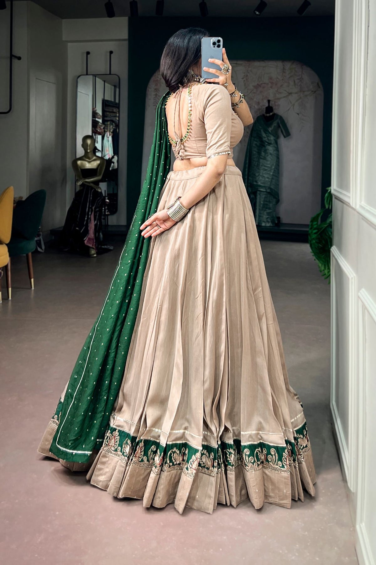 Raasrang Beige Chanderi Designer Navratri Lehenga Choli For Women