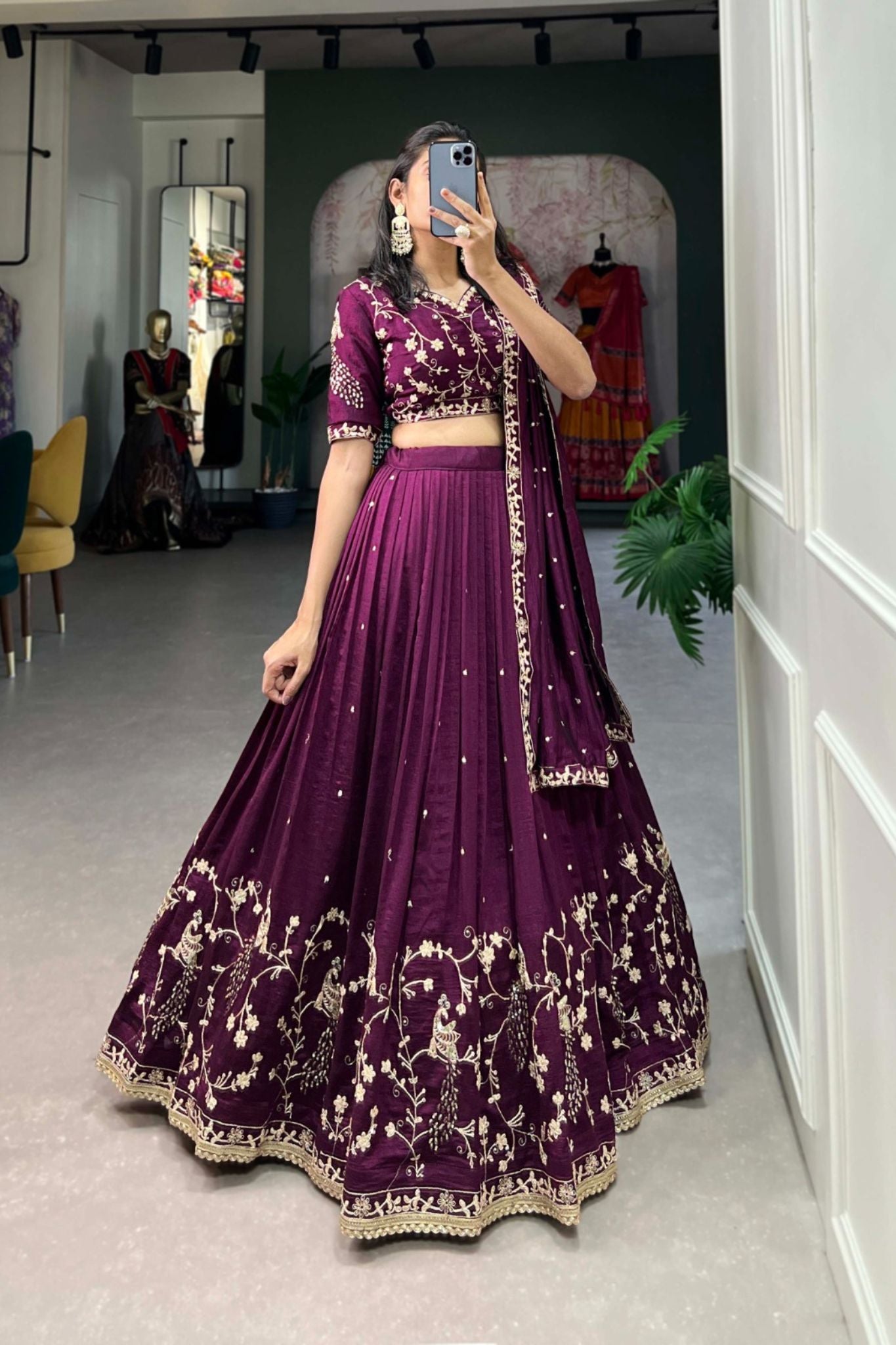 Wine Stunning Sequins Thread Embroidery Work Lehenga Choli