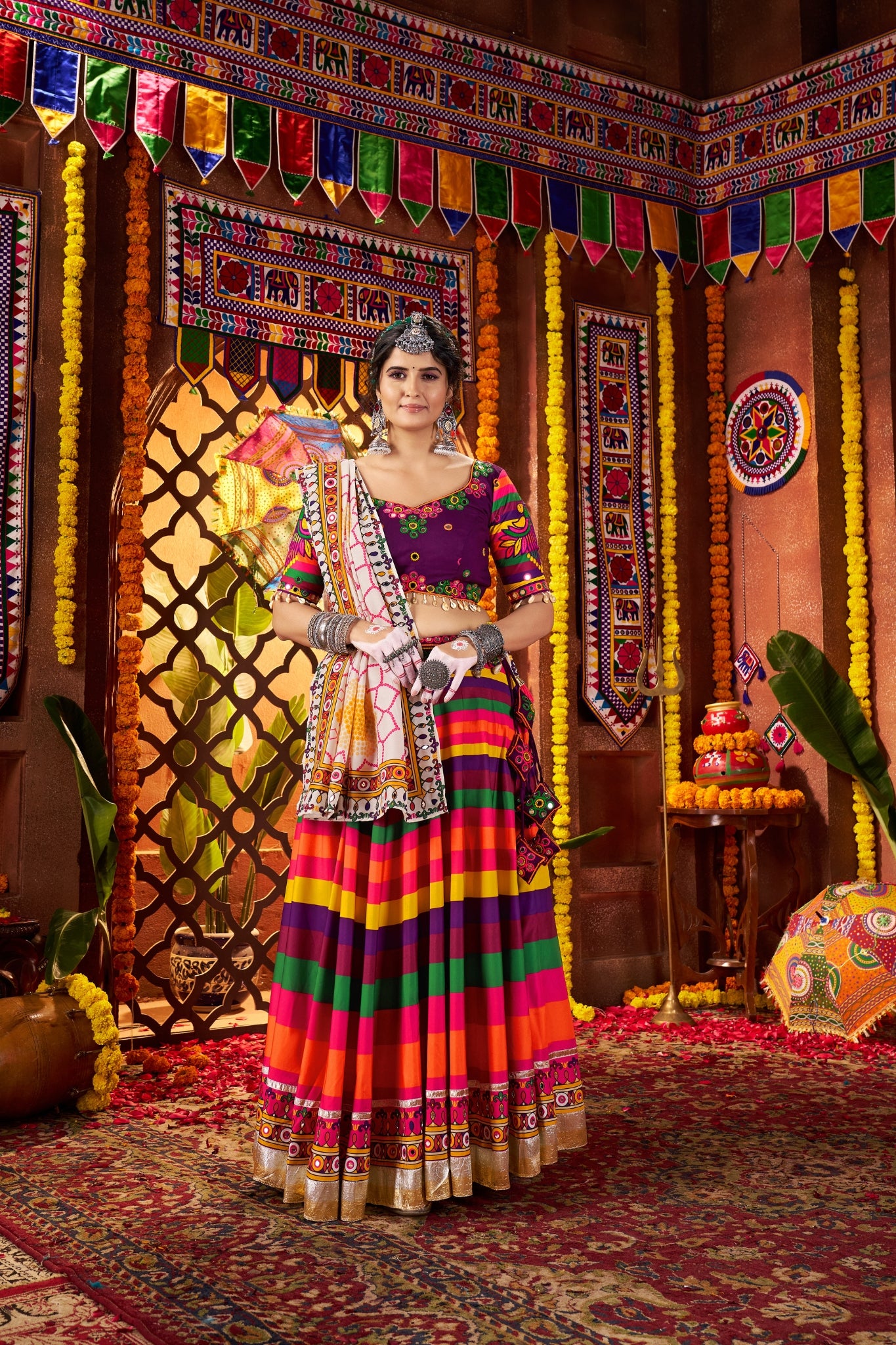 Multi Color Muslin Designer Stunning Print With Mirror Work Navratri Lehenga Choli