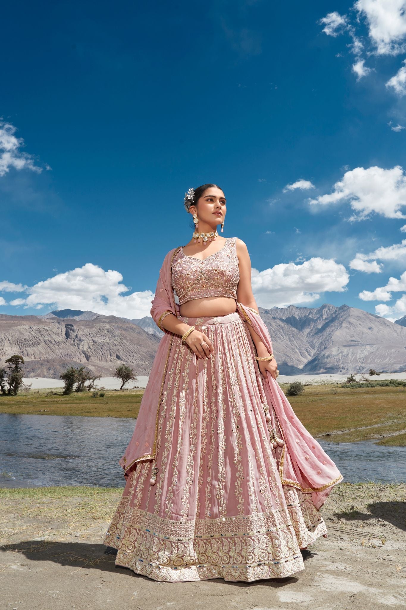 Pink Stunning Heavy Thread Sequins Embroidered With Hand Work Lehenga Choli