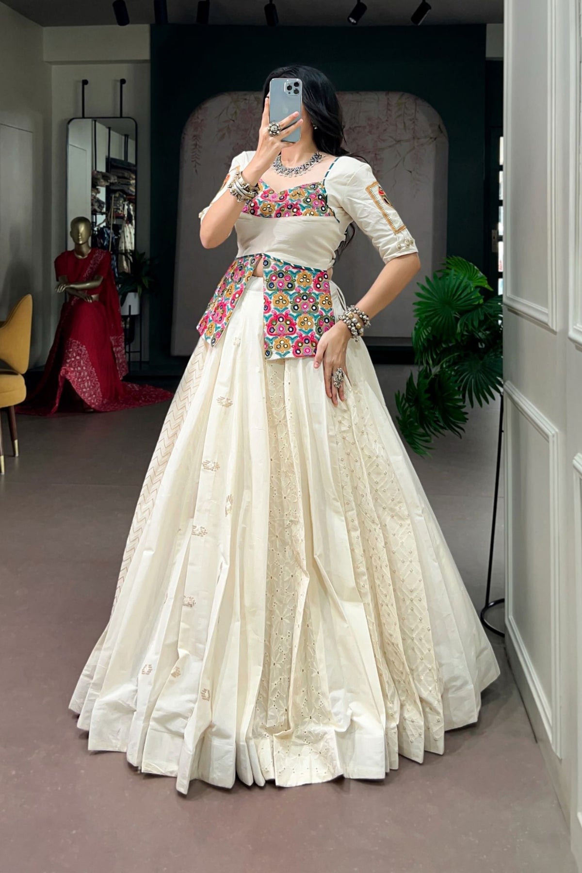 Off-White Cotton Designer Gamthi Work Navratri Lehenga Choli