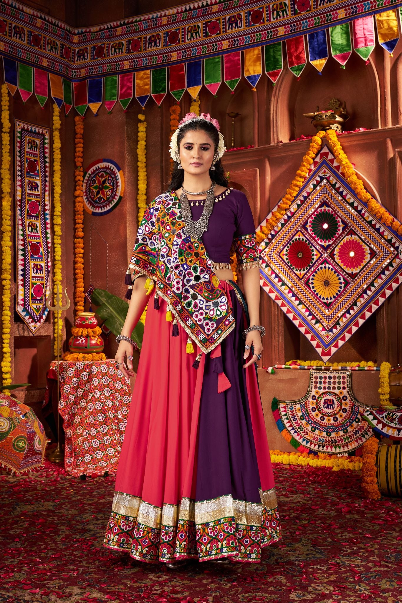 Multi Color Traditional Navratri Lehenga Choli With Mirror And Lampi Work