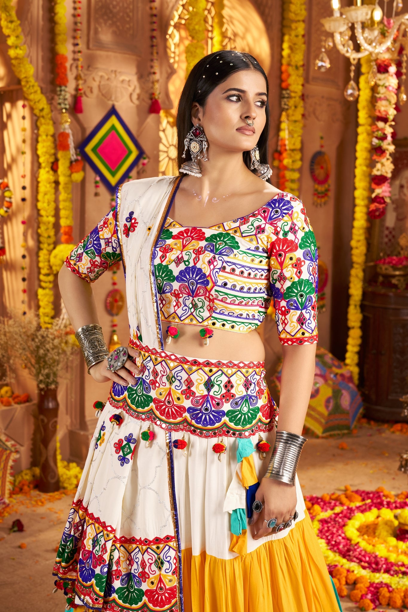 Beautiful Viscose Cotton Traditional Tread Embroidered With Mirror Work Navratri Lehenga Choli