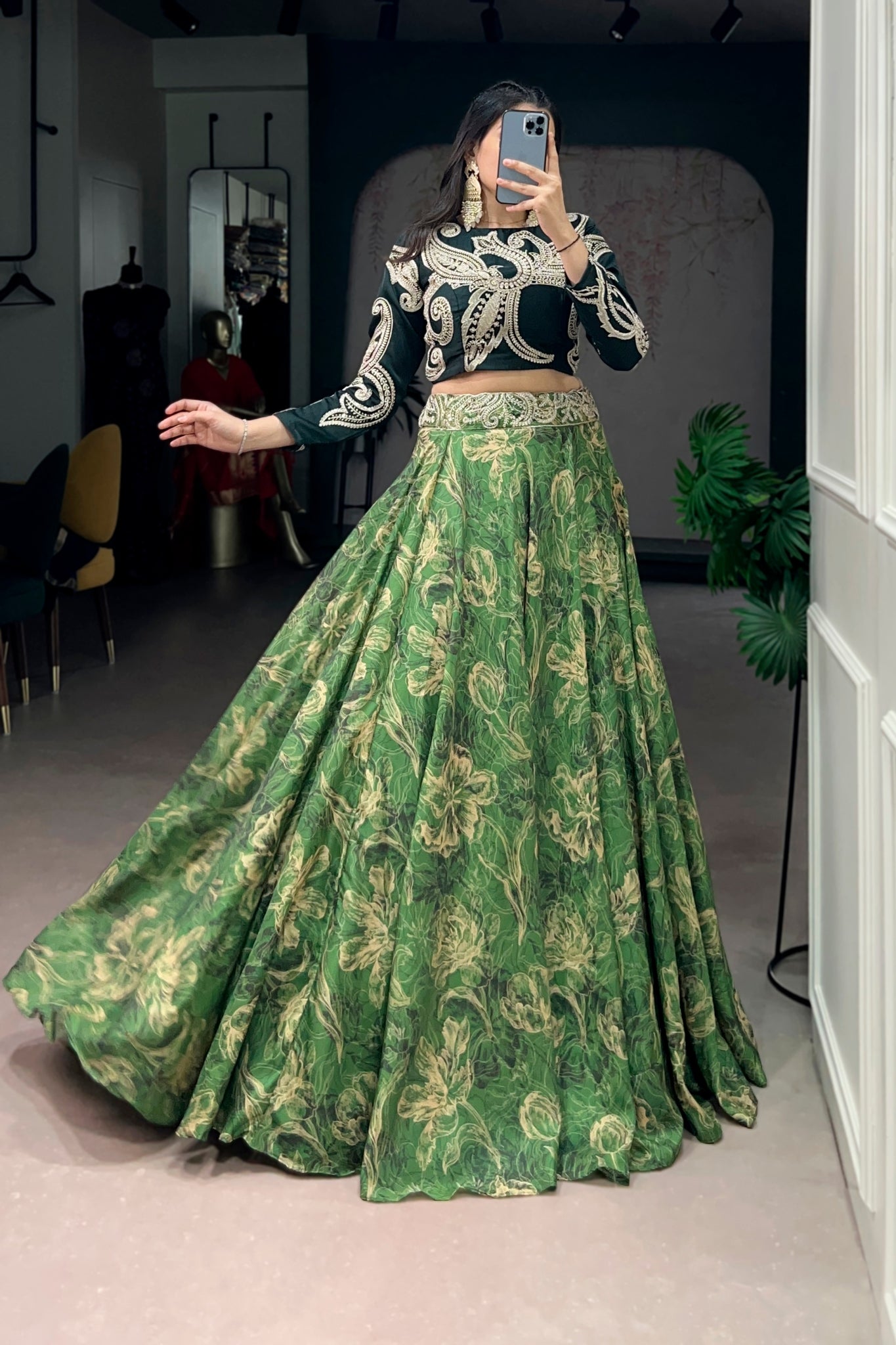 Floral Printed Tasar Silk Lehenga Choli