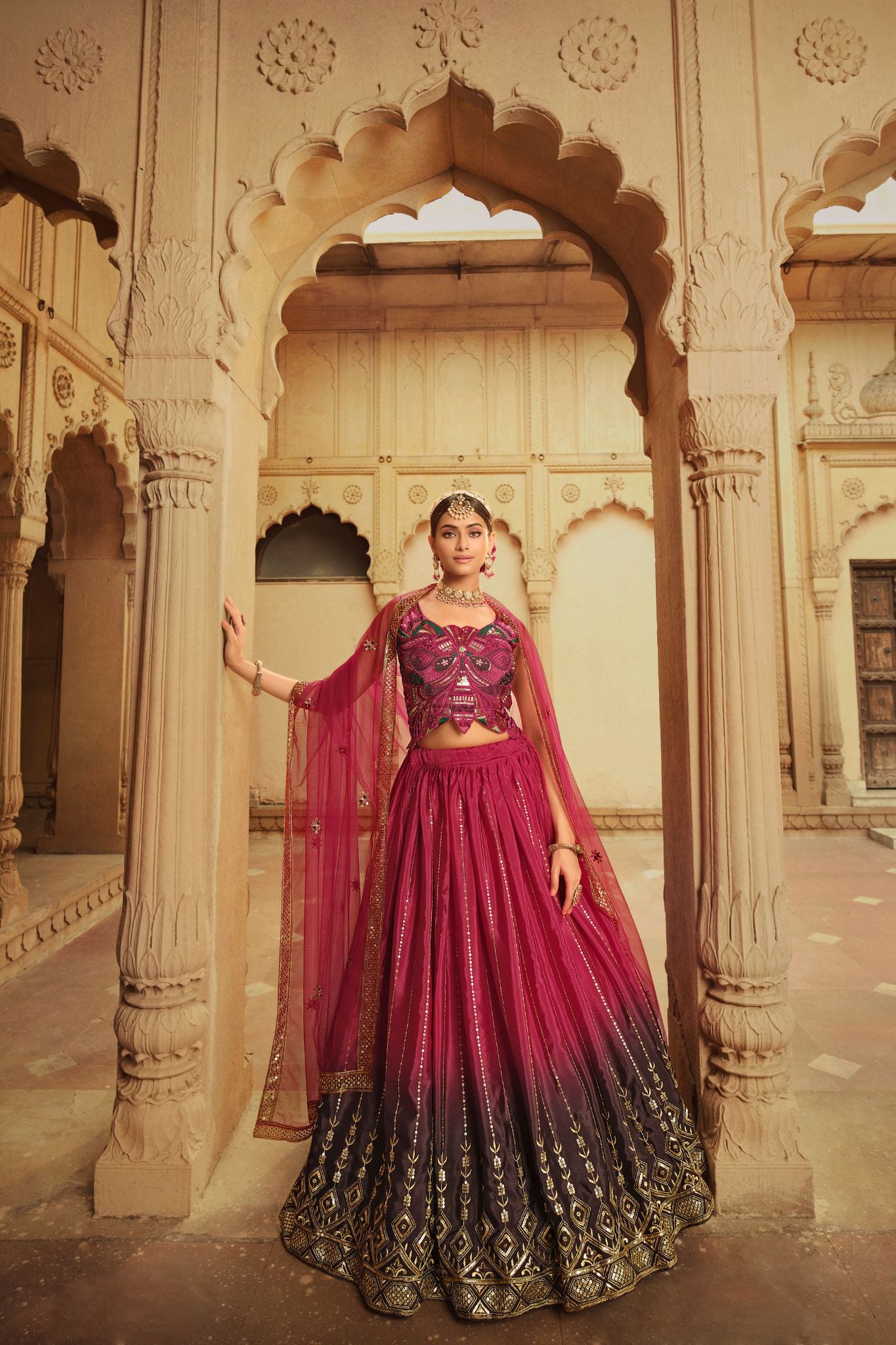 Deep Pink To Purple Thread With Sequince Embroidered Work Wedding Lehenga