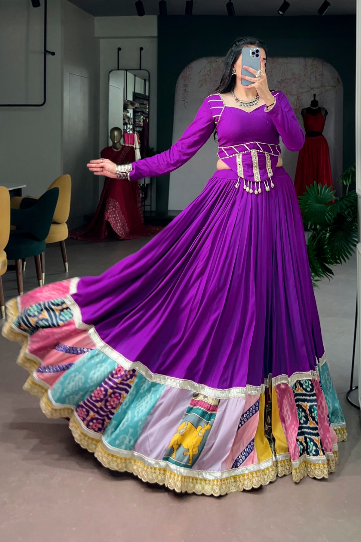 Purple Rayon Navratri Designer Multicolor Patchwork Lehenga Choli
