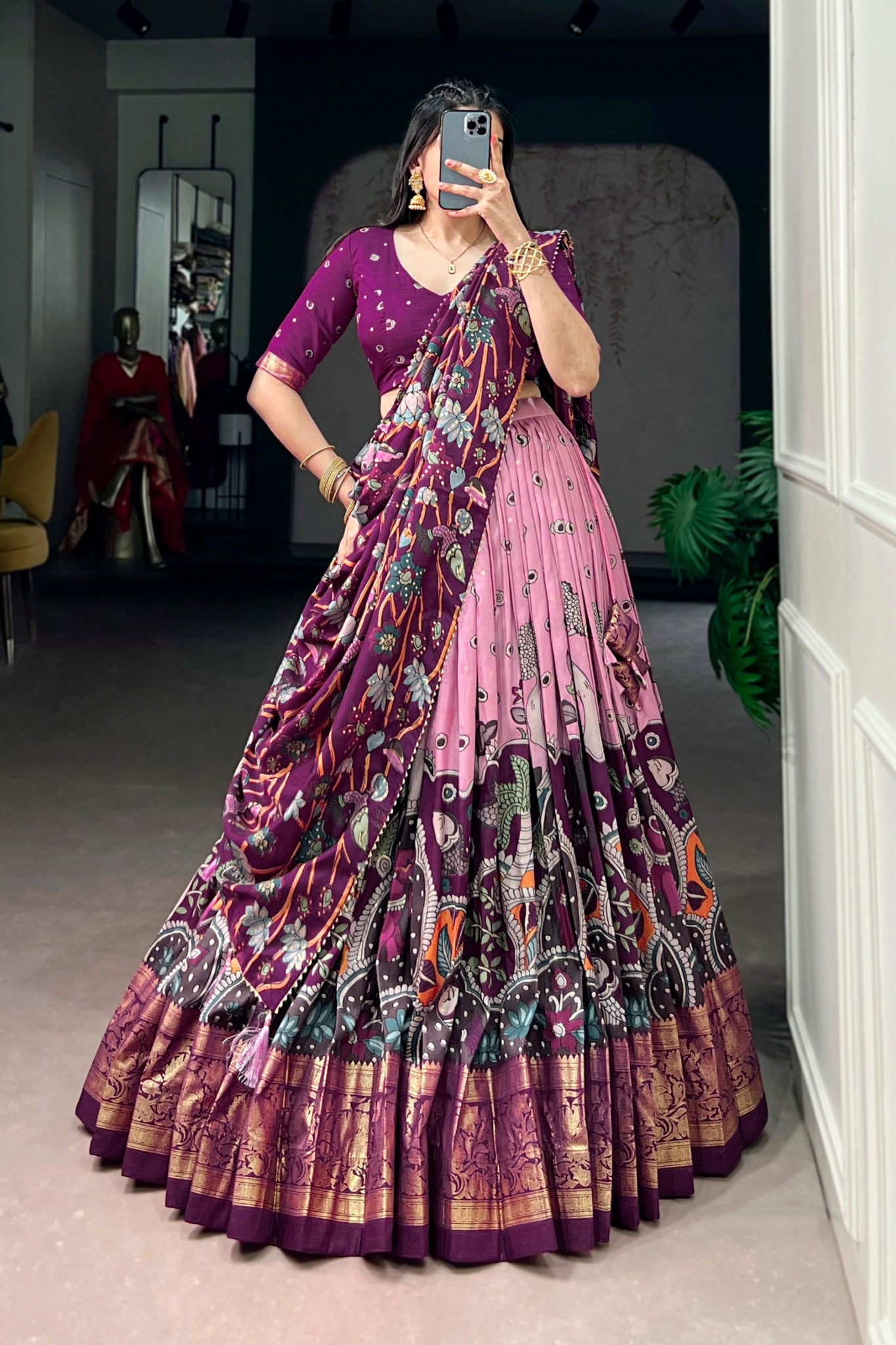Kalamkari Print With Foil Work Lehenga Choli