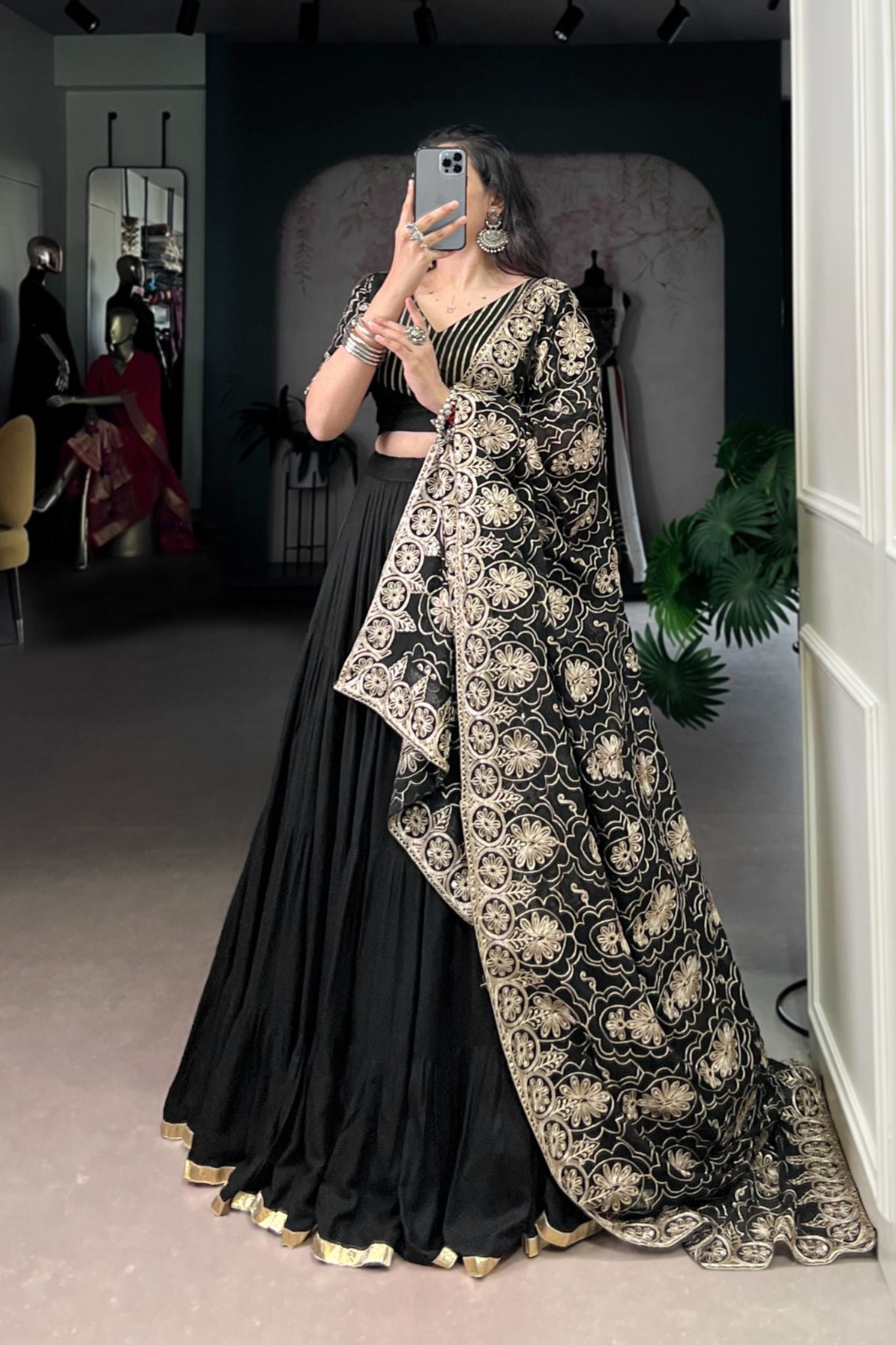 Black Embossed Designer Beautiful Full Flair Navratri Lehenga Choli