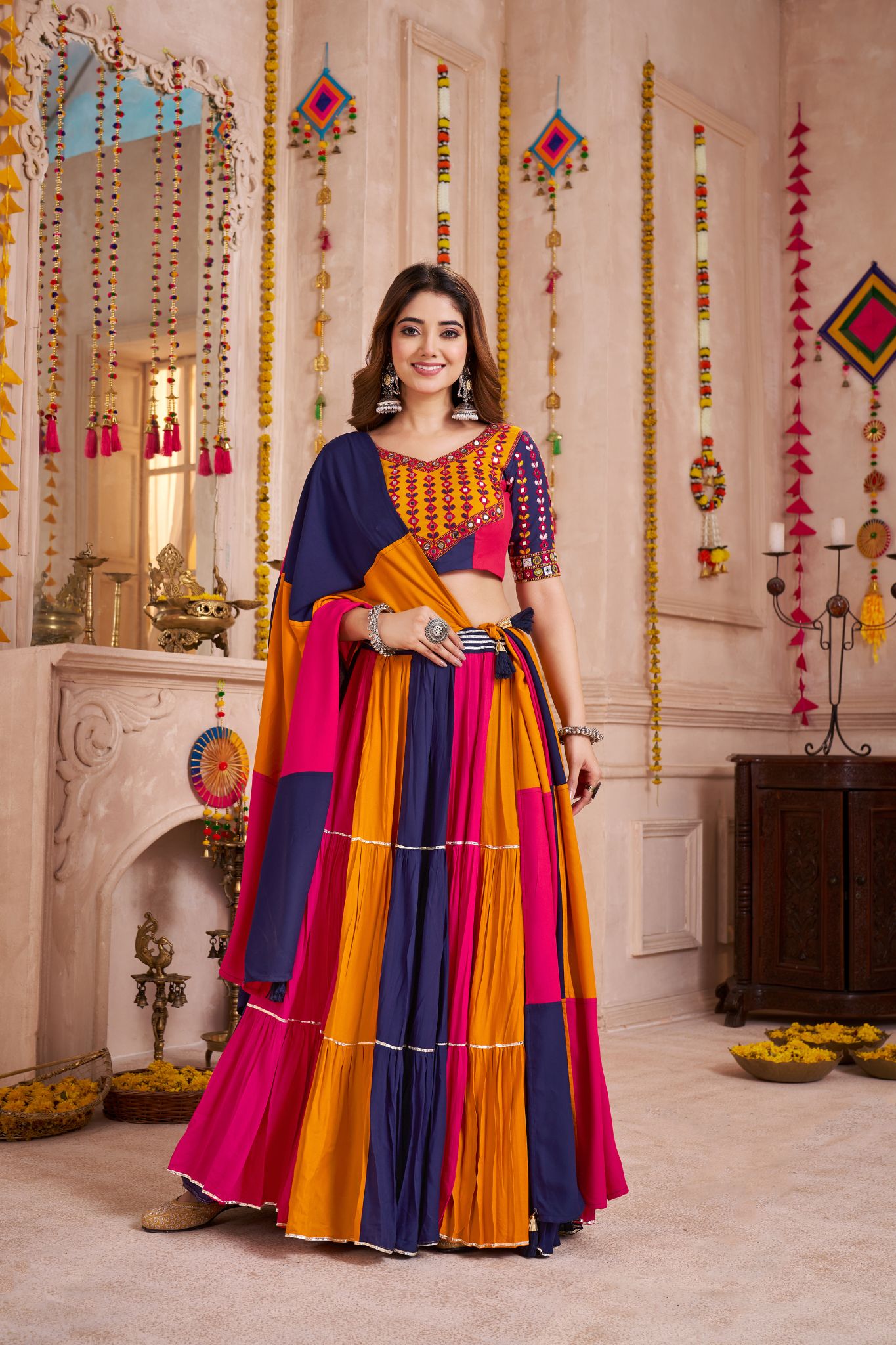 Beautiful Colorful Crafted Viscose Cotton Graceful Twirl Navratri Lehenga Choli