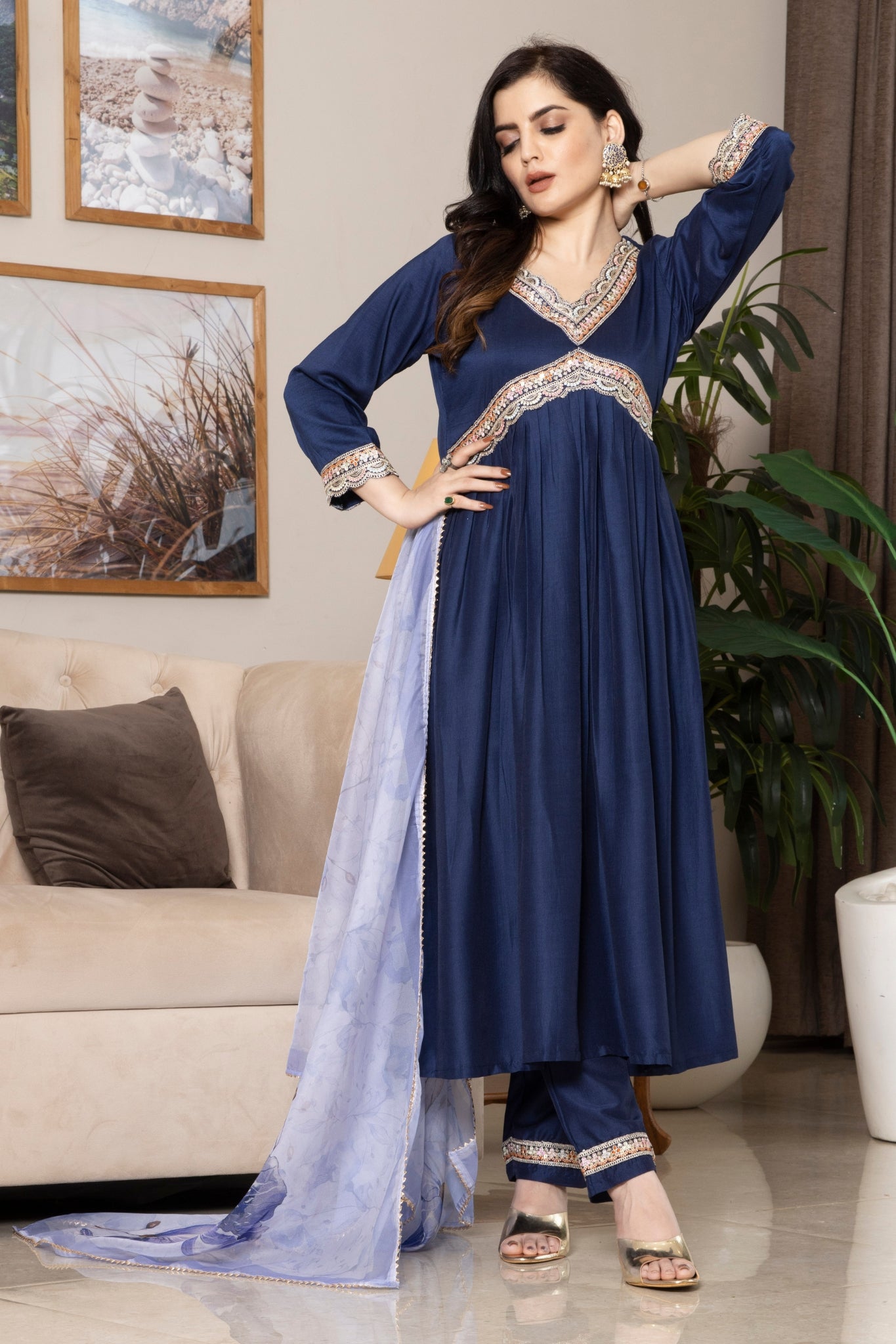 Navy Blue Embroidered Anarkali Suit With Floral Dupatta