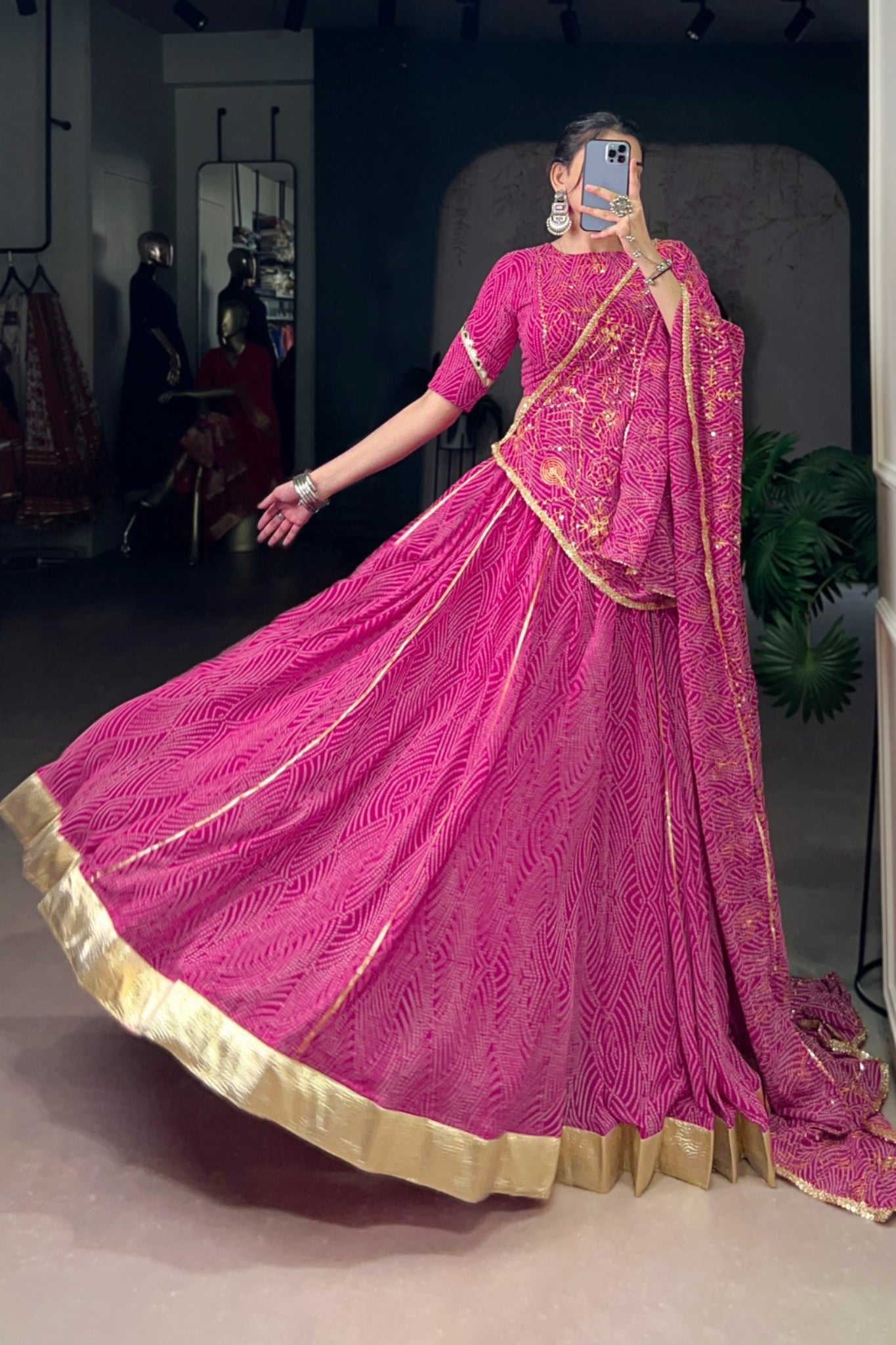 Vibrant Bandhej Print Designer Georgette With Mirror Work Lehenga Choli Set For Wedding And Navratri