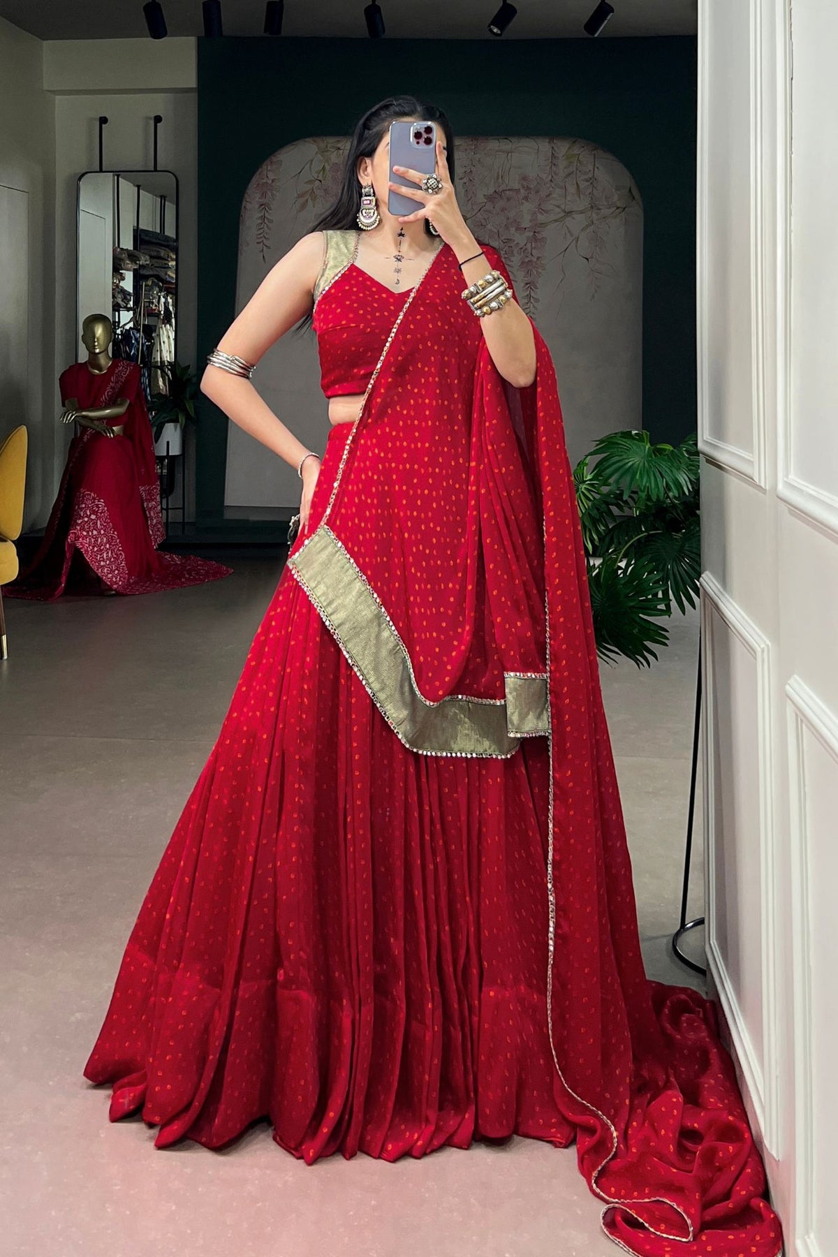 Red Traditional Bandhej Designer Navratri Lehenga Choli