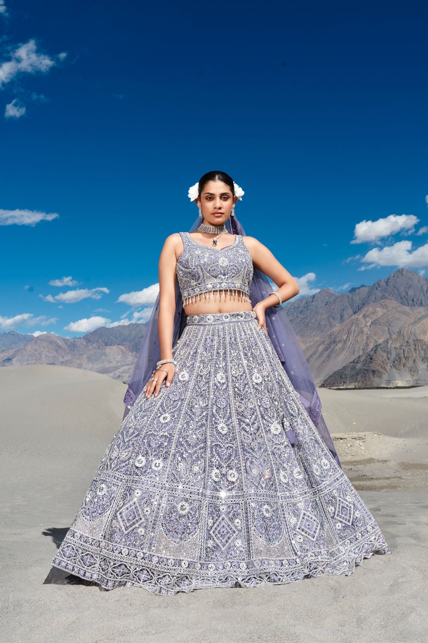 Light Blue Heavy Embroidered With Stone And Real Mirror Work Wedding Lehenga Set