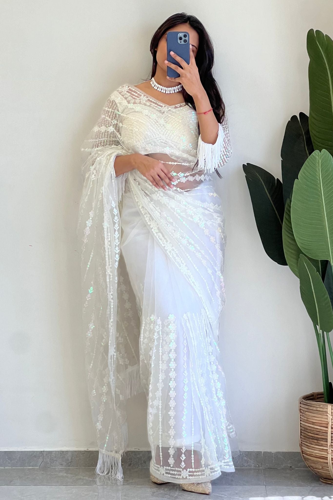 Sequence With Thread Work White Net Saree