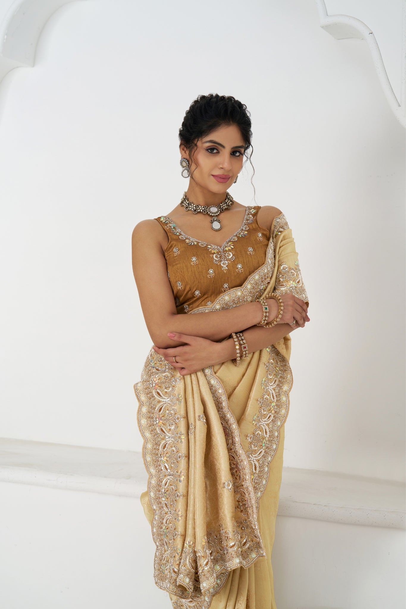 Golden Dola Viscose Silk Saree For Wedding With Beads Embroidery & Sequins Work