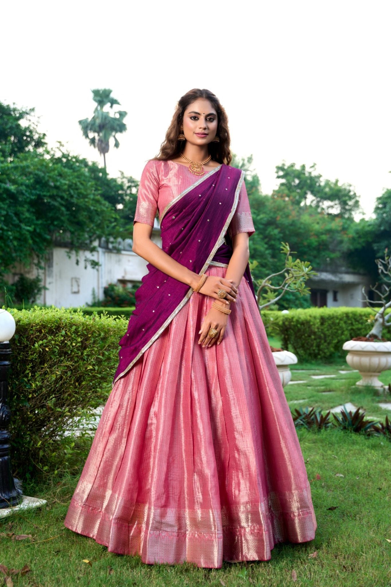 Kanchipuram Silk Lehenga Collection Green, Beige, and Pink with Contrasting Dupattas