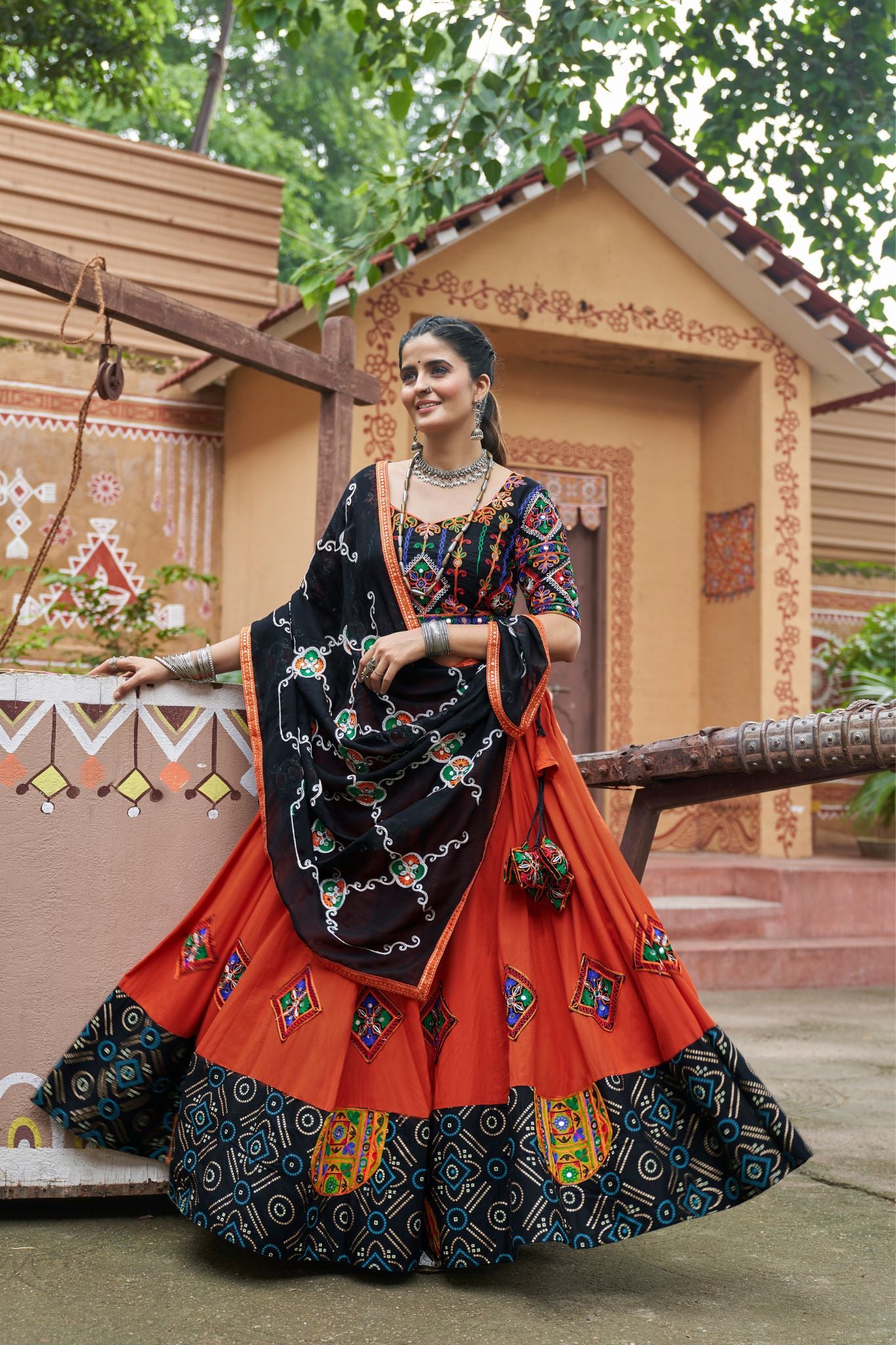 Orange And Black  Embroidered With Mirror Work Navratri Chaniya Choli