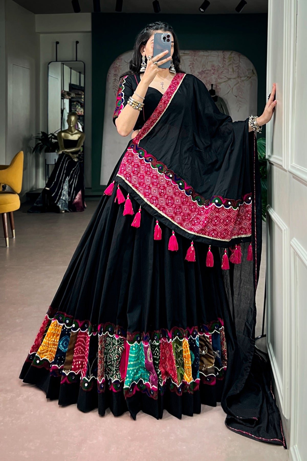 Designer Black Khadi Cotton Navratri Lehenga Choli