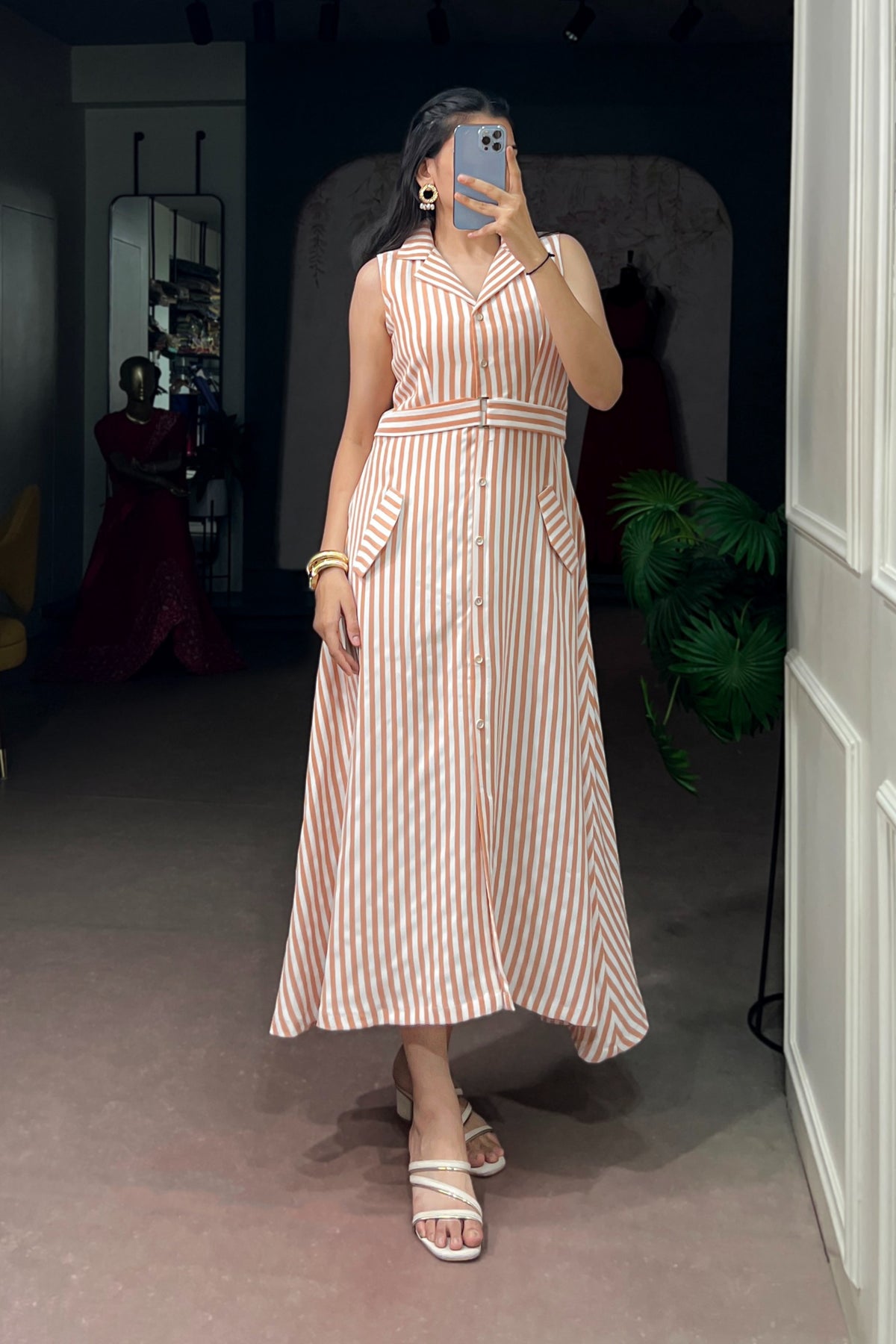 Peach Striped Pettal Silk Belted Dress