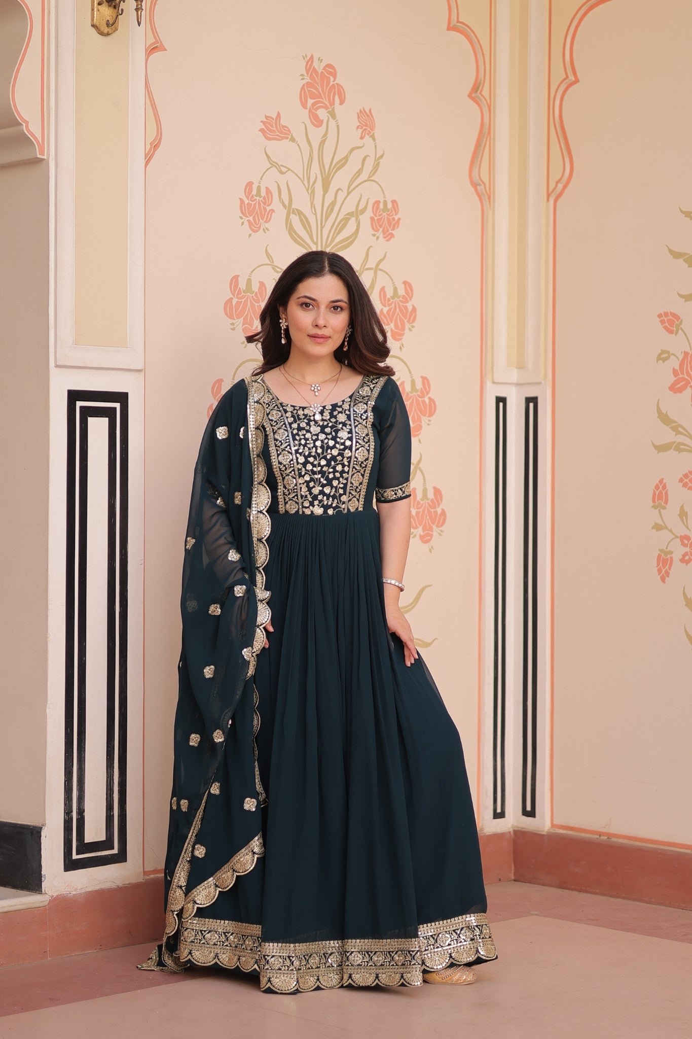 Embroidery Zari Sequins Work Designer Gown With Dupatta Set