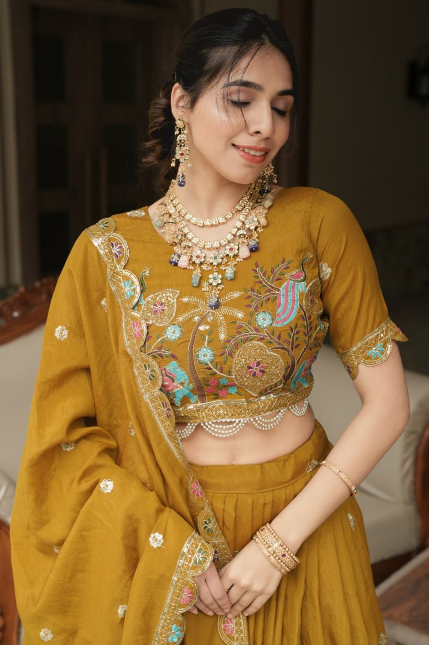 Royal Mustard Haldi Designer Lehenga Choli With Multicolor Embroidery And Designer Dupatta