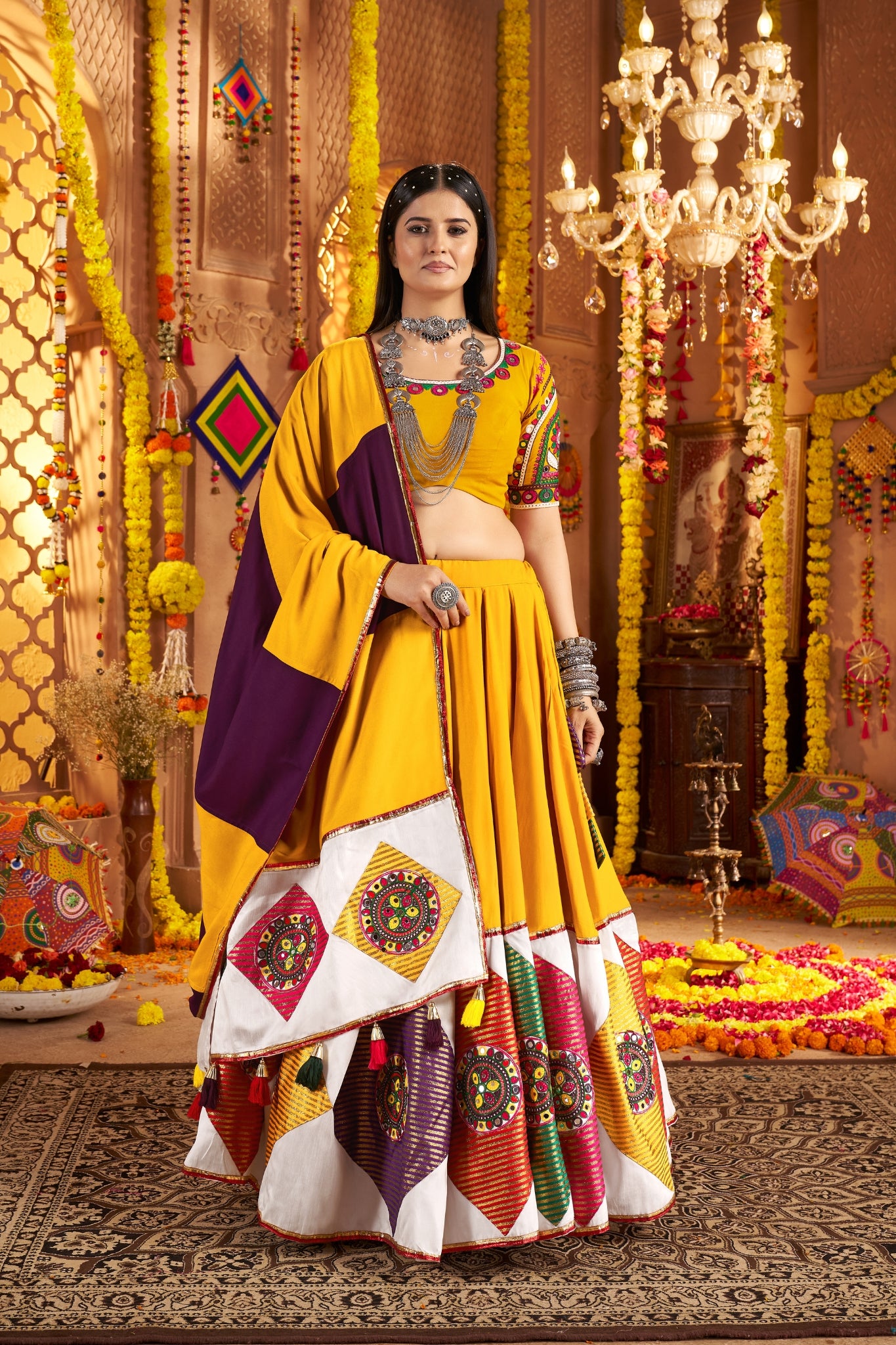 Mustard Yellow Viscose Cotton Traditional Designer Navratri Lehenga Choli