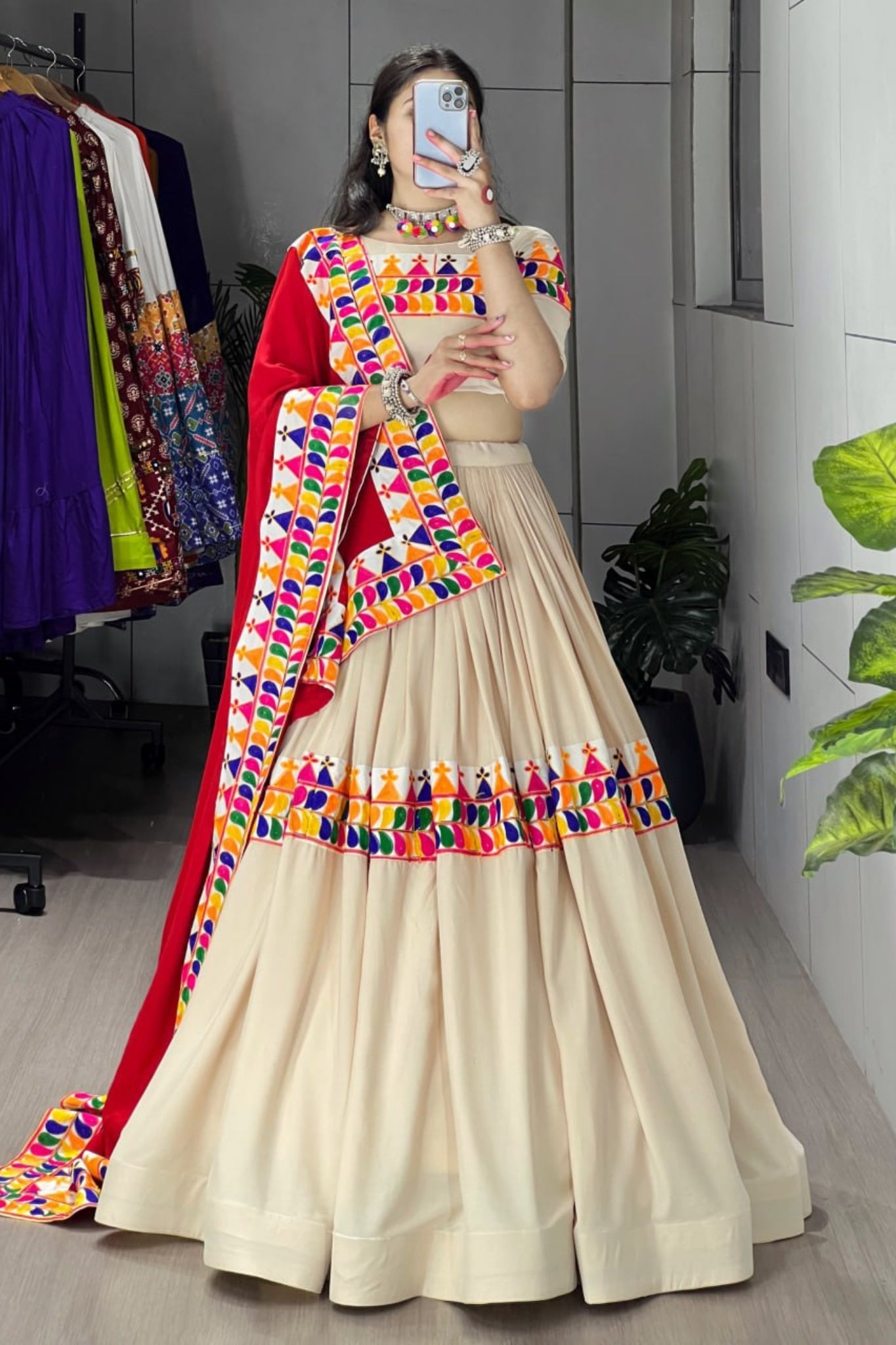 Designer Cream Navratri Lehenga Choli With Multicolor Gamthi Work And Red Rayon Cotton Dupatta